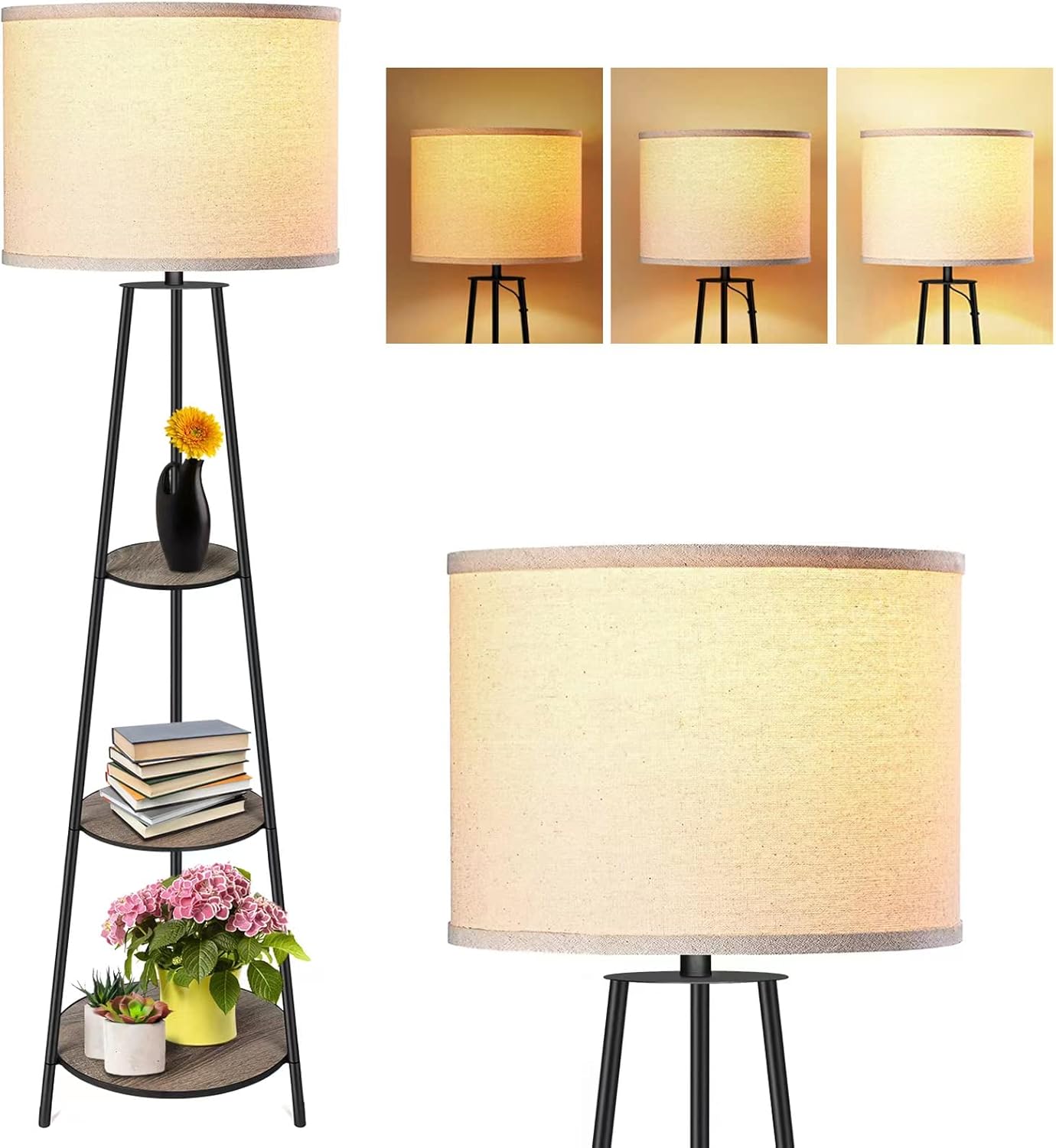Floor Lamp, 3-Tier Round Corner Shelf Floor Lamp with 3 Dimmable Levels - Simple Standing Lamp with White Fabric Shade, Tall Modern Floor Lamps with Shelves for Bedroom, Living Room and Office