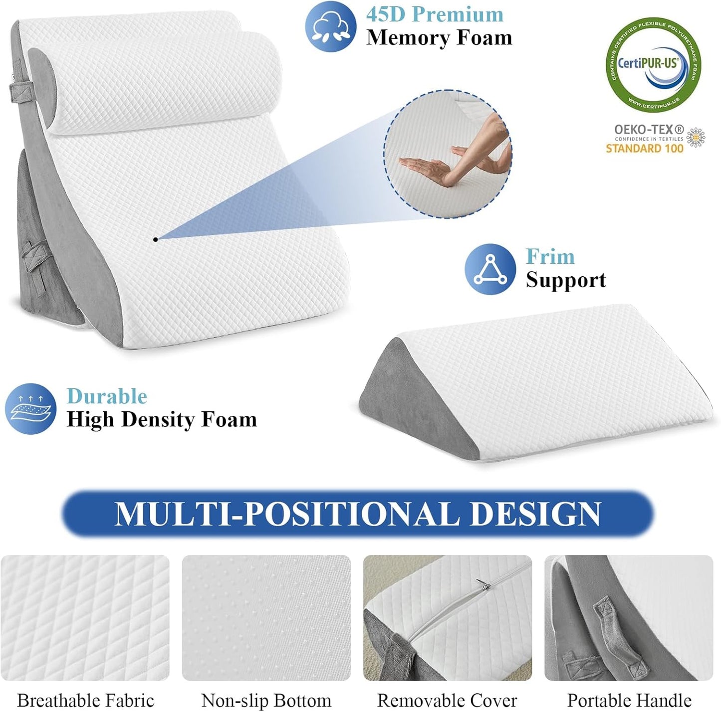 4PCS Orthopedic Bed Wedge Pillow Set, Post Surgery 45D Memory Foam for Back, Neck, and Leg Pain Relief Pleasing & Adjustable Support Pillows-Ease Acid Reflux & GRED with Better Sleep,White Light Grey