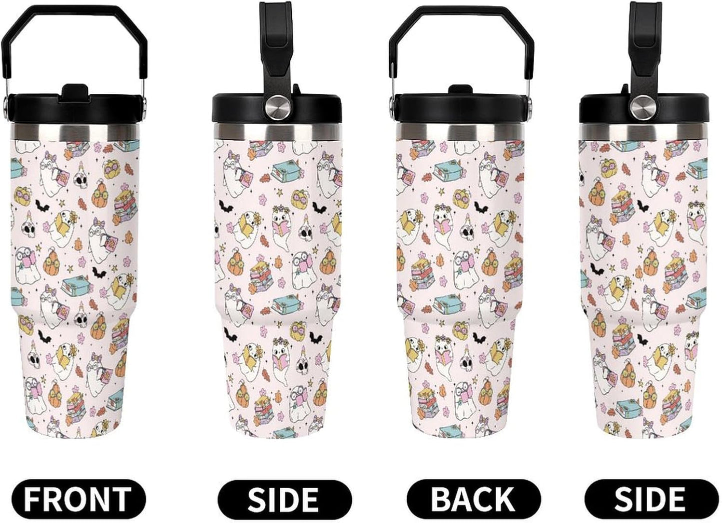 Halloween Tumbler with Handle Flip Straw Pink 30oz Insulated Stainless Steel Cup Ghost Reading Book Travel Coffee Mug Water Bottle for Women