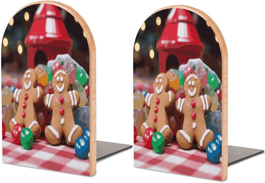 Gingerbread Man Candy Bookends 1 Pair Heavy Duty Book Ends for Shelves Non-Skid Bookend Supports Wooden Book Holders with Metal Base Desk Organizers Books Storage to Hold Books