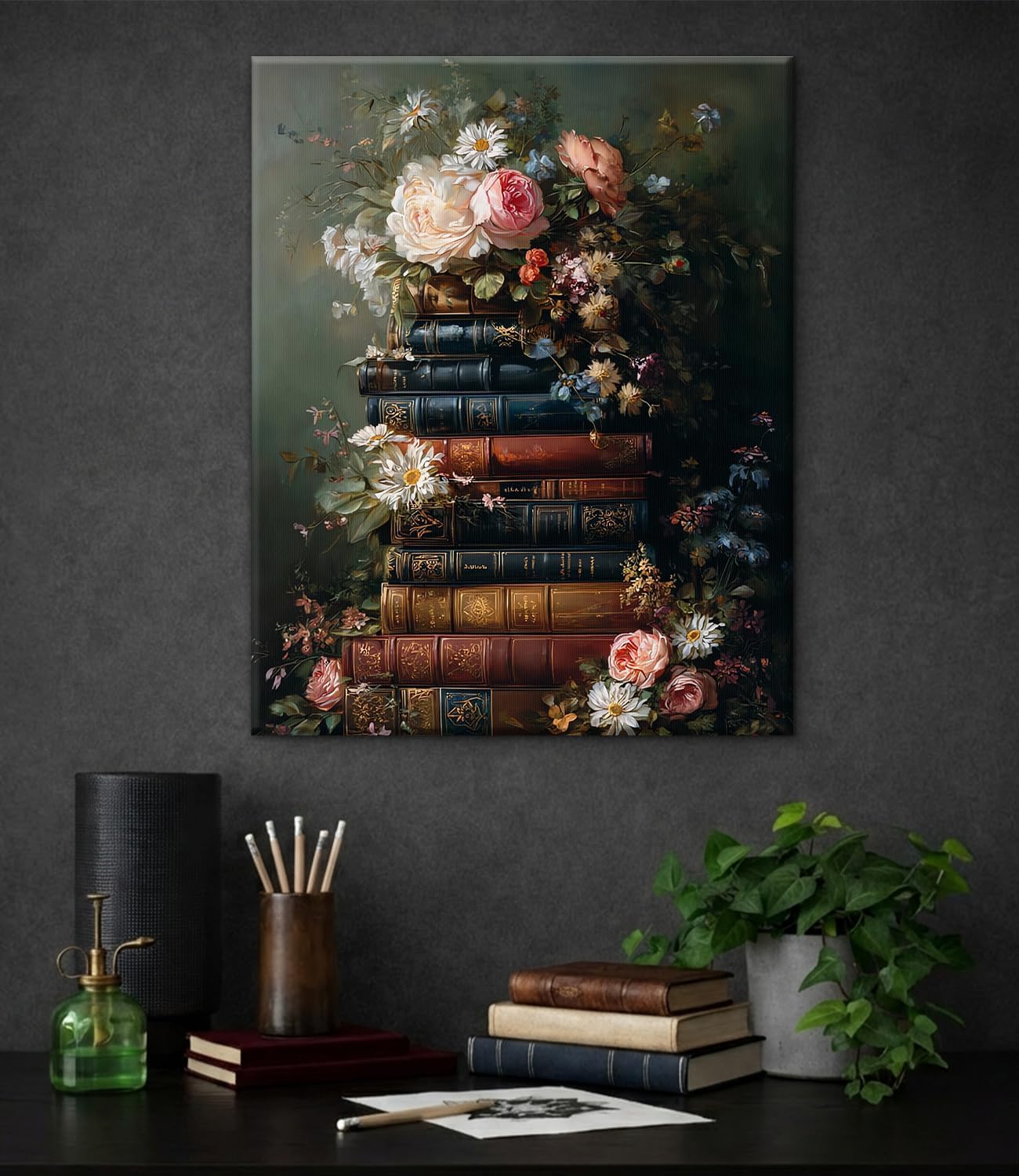 Gothic Floral Books Wall Art Print - Vintage Book Flowers Canvas Poster Painting - Dark Academia Wall Decor for Home Reading Nook Library 8x10 Inch Framed