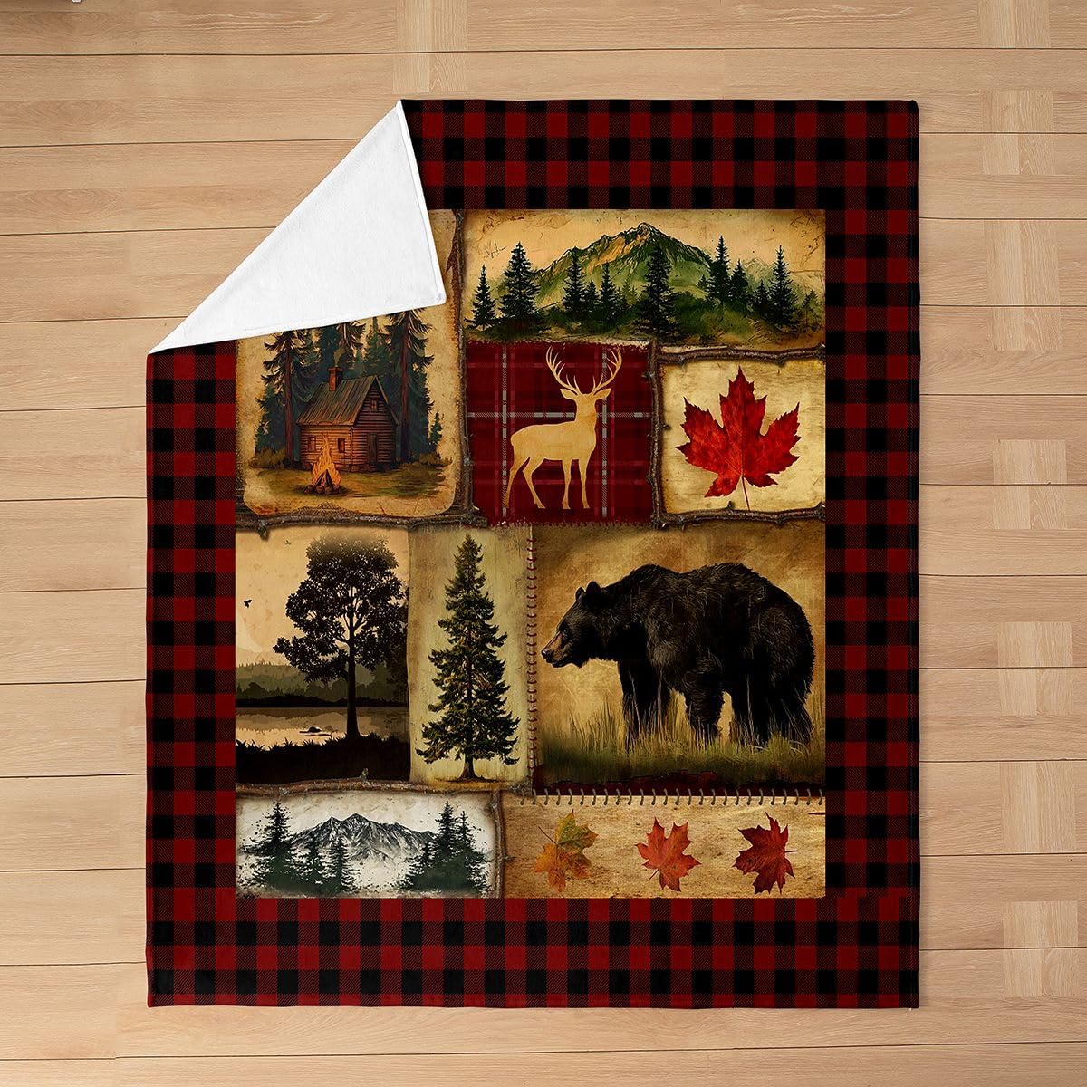 Bear Cabin Plaid Throw Blanket - Queen Size Rustic Farmhouse Fleece, Retro Hunting Deer, Country Woodland Pine Tree Flannel, Maple Leaf Lodge Decor Sherpa, Red Black Brown