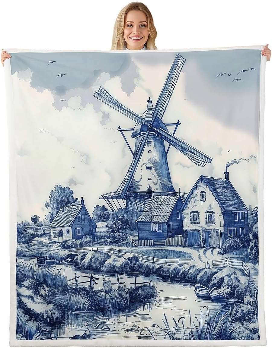 Erosebridal Vintage Dutch Windmill Plush Blanket Throw 50x60 Delft Blue Farm Throw Blankets Rustic Farmhouse Blanket