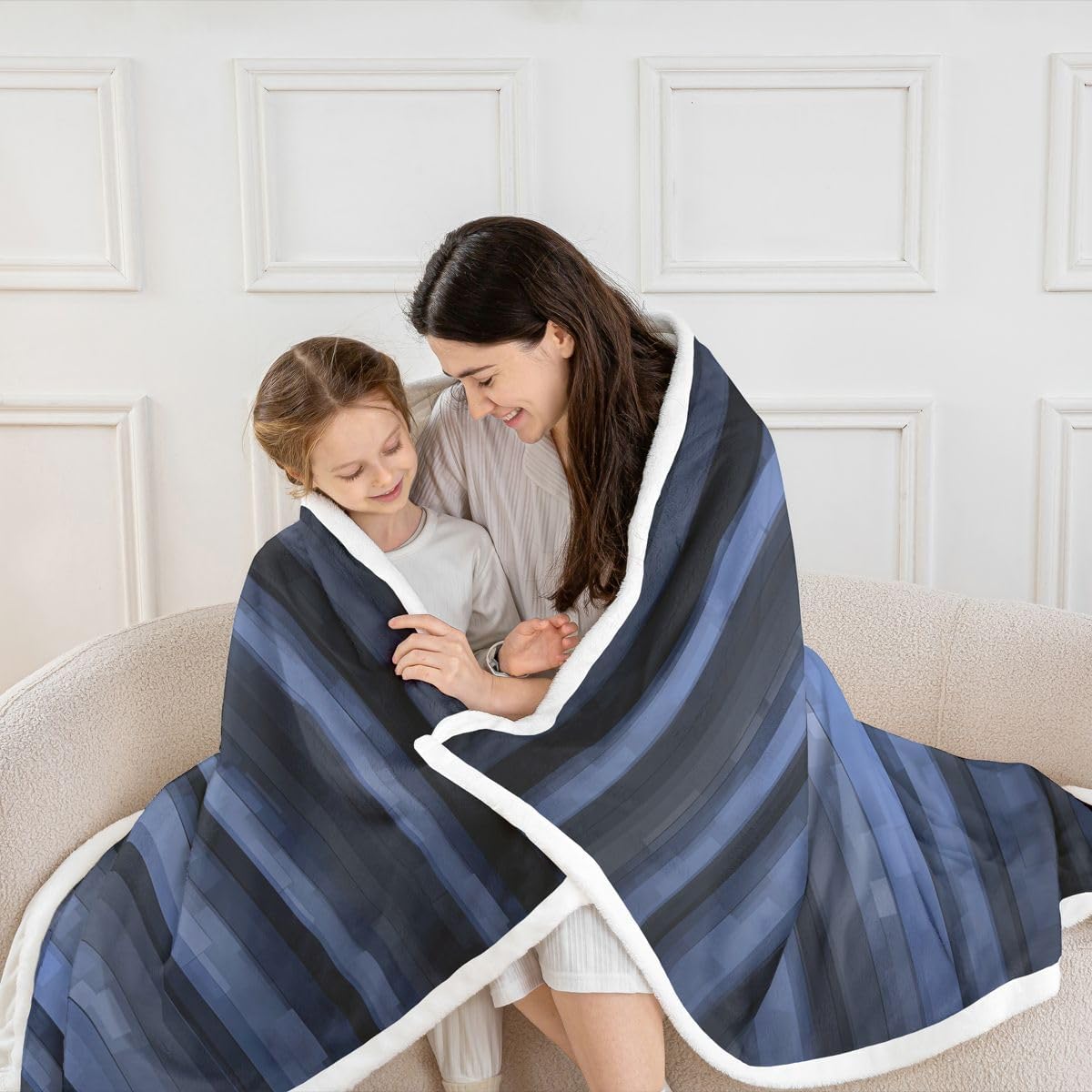 Feelyou Abstract Stripe Sherpa Throw Blanket for Couch Dark Blue Super Soft Cozy Fleece Geometric Blanket for Winter, Plush Throw Luxury Baby 30"x40" Modern Art All Season