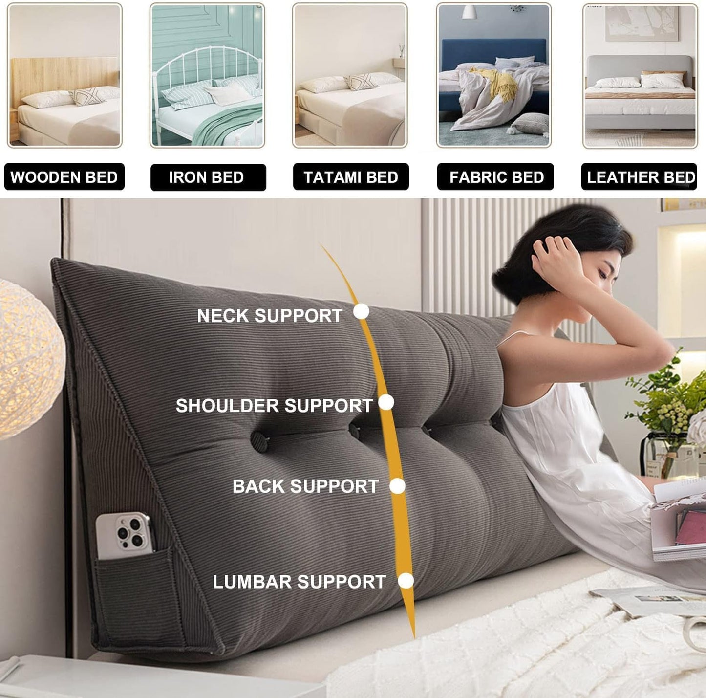 Queen Size Corduroy Headboard Pillow - Soft Backrest Cushion for Bed Rest, Lumbar Support, Comfortable Sitting Position, Ideal for Reading and Relaxing. (Gray 39"/100cm(Twin))
