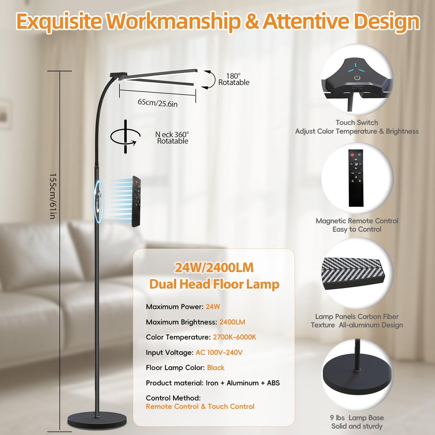 24W/2400LM Dual Head LED Floor Lamp for Office, Ultra Bright Reading Standing Task Lamp, Adjustable Panels with Remote, No Glare Puzzle Light for Tattoo, Piano, Sewing, Lash, Craft