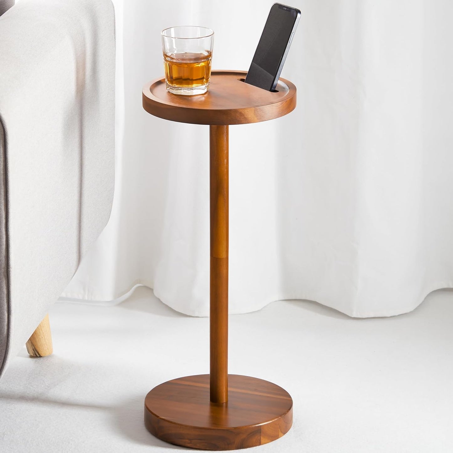 BLUEWEST Drink Table, 22" Tall Compact Side Table with Phone Slot and Weighted Base, Durable Pedestal Table Accent for Living Room, Bedroom, or Office, Cocktail and Martin (1, Acacia)