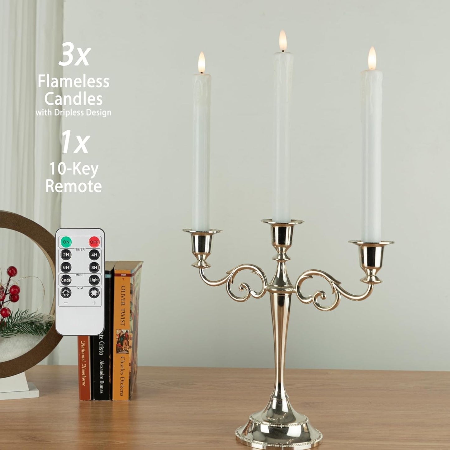 Dripless Flameless Taper Candles with Rmote, 9.6" Real Wax Battery Operated Candles with 3D Wick, 3 Pack Led Candle Flickering Candlesticks for Home, Wedding, Party, White