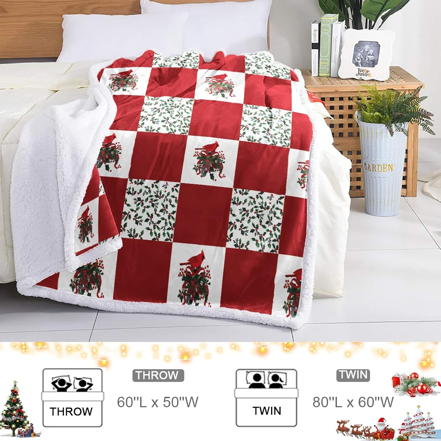 Sherpa Fleece Blanket Throw, Cardinals Birds Stitching Plaid Fuzzy, Soft Lightweight Breathable Bed Sofa TV Couch Blanket, Christmas Home Decor, 50'x60'