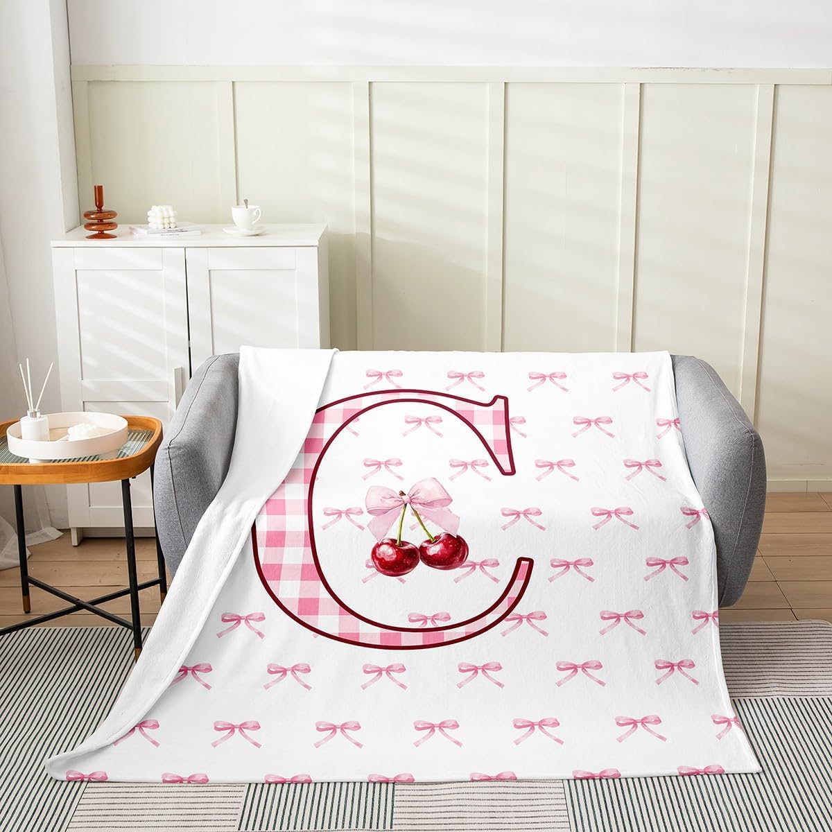 Erosebridal Cartoon Bowknot Flannel Blanket 40x50 Initial C Letter Fuzzy Plush Throw for Sofa Couch Princess Coquette Decor Fleece Blanket Buffalo Plaid Cherry Monogrammed Pattern