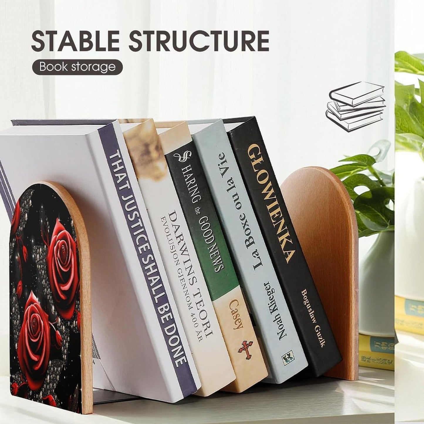 Red Roses and Stars Wooden Bookend Non-Slip Book Ends Heavy Duty Book Stopper with Metal Base Books Holderd Decorative Bookends Stands Firmly for Office Supplies
