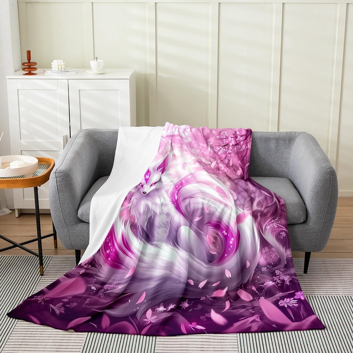 Feelyou Pink Fox Plush Throw Blanket Twin 60"x80" Kids Japanese Cherry Blossoms Flannel Fleece Blanket Boys Girls Teens Cute Cartoon Fox All Season for Bed Woodland Nature Wildlife
