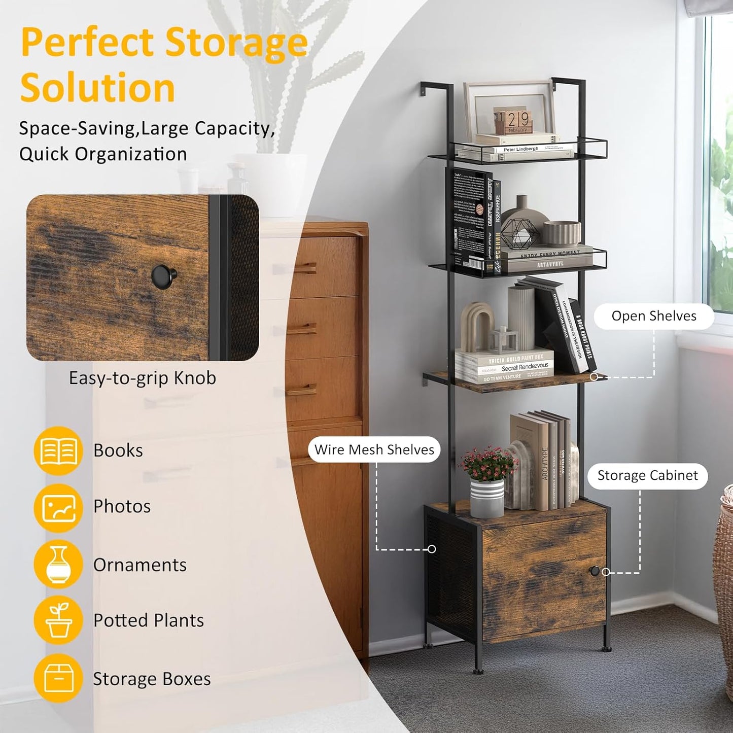 Shinoske Ladder Bookshelf,5 Tier Book Shelf with Storage Cabinet,Wall Mounted Industrial Bookcase for Small Space,Metal Frame,Tall Display Shelf for Living Room,Corner,Bedroom,Office,Brown