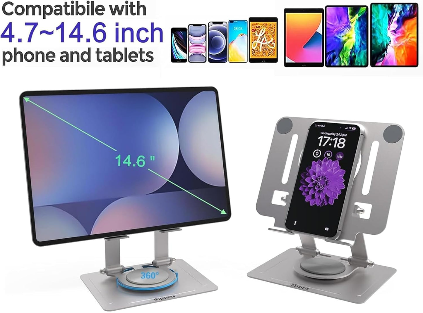Tablet Stand for Desk, Adjustable Desktop Tablet Holder, Foldable Tablet with 360 Rotating Base for iPad pro 12.9, iPad Air Mini, Samsung Galaxy Tabs Z Fold Kindle Fire4-14.6 inch, Silver