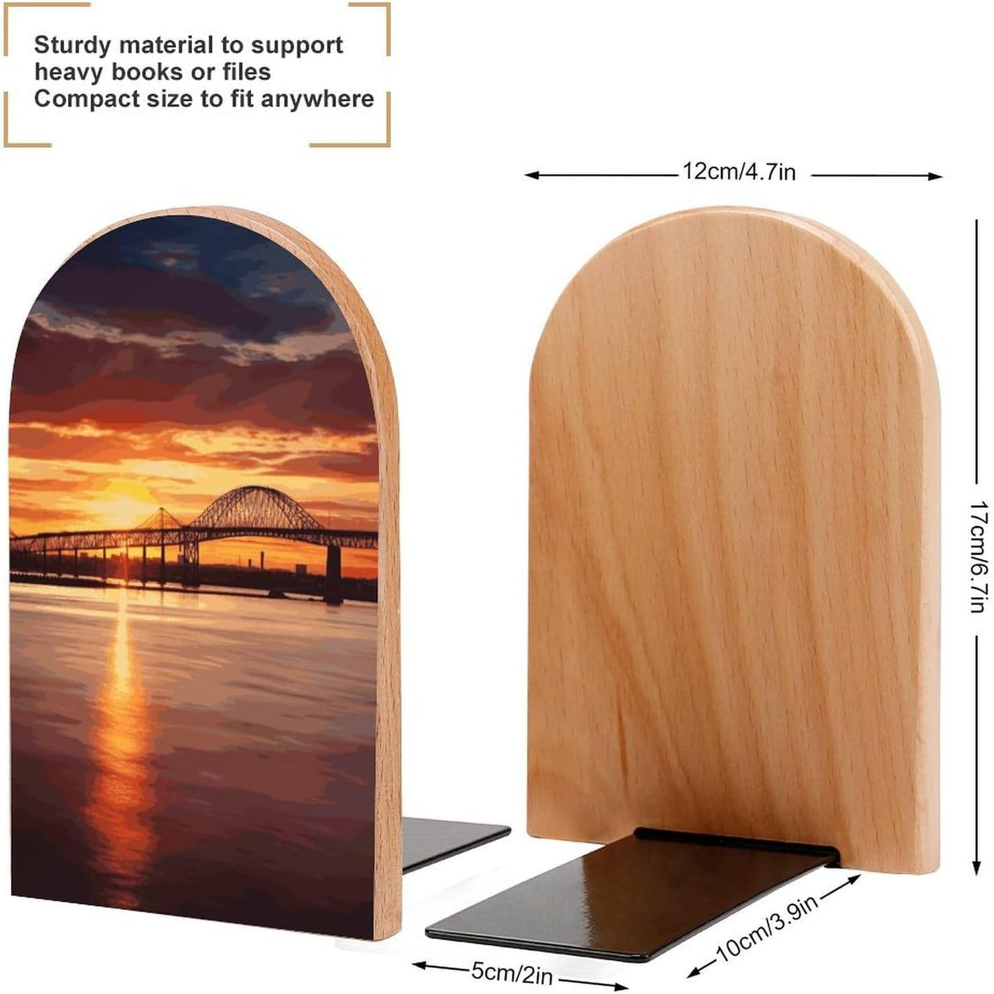 Non-Slip Bookend for Shelves Newark Bay Bridge and Sunset Wooden Bookends with Metal Base Decorative Book Stopper for Home Heavy Duty Wood Book Storage for Books/CDs