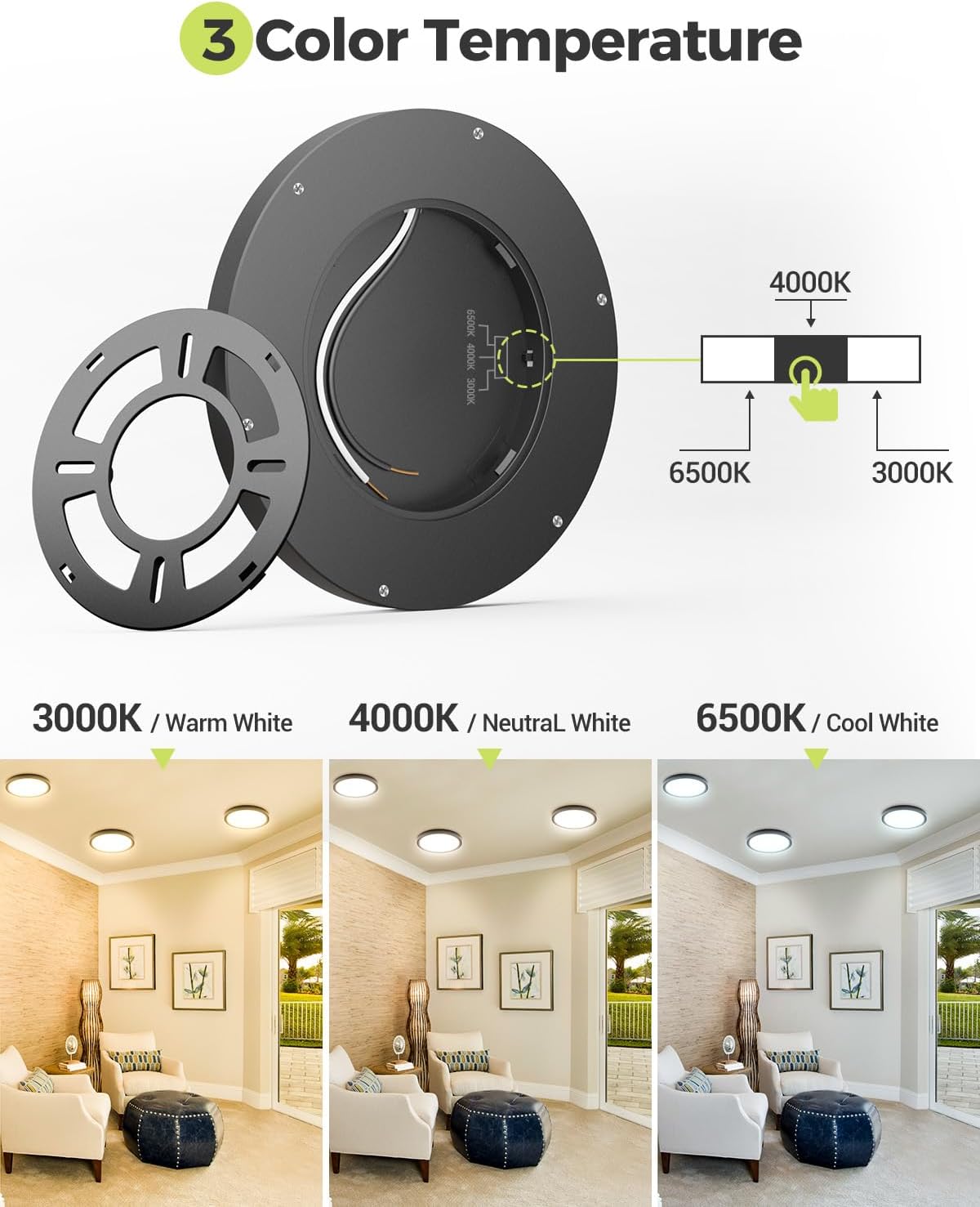 6PACK LED Flush Mount Ceiling Light, 3CCT Selectable 3000K-4000K-6500K & 100W Equivalent Disc Closet Ceiling Light Fixture 7Inch 15W 1500Lm for Bathroom Hallway Bedroom Kitchen Basement(NOT-Dimmable)