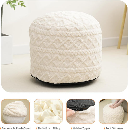Beige Round Faux Fur Ottoman Pouf - 20x15 Inch Storage Foot Stool Cushion for Living Room & Bedroom Decor