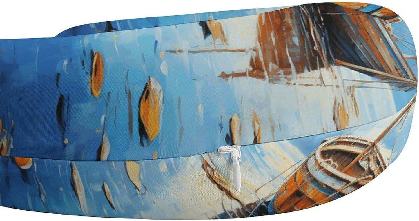 Boats and Sea Oil Paintings Neck Pillow Memory Foam U Shaped Pillows Portable Pillows for Shoulder Travel Head Support Pillow with Concealed Zipper for Airplane Car Home Office