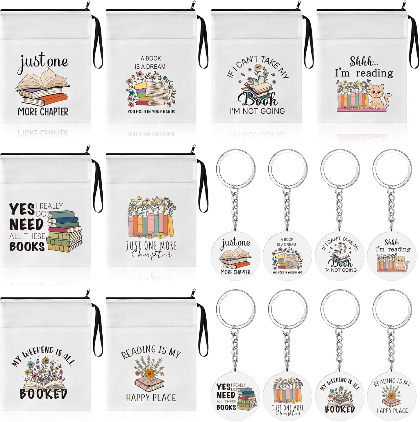 16Pcs Book Club Gifts Book Pouch Sleeves Book Lover Acrylic Keychains Bulk with Zipper and Pocket Paperback Sleeve for Librarian Lovers Bookish Group Club Gifts 11 x 8.7 Inch