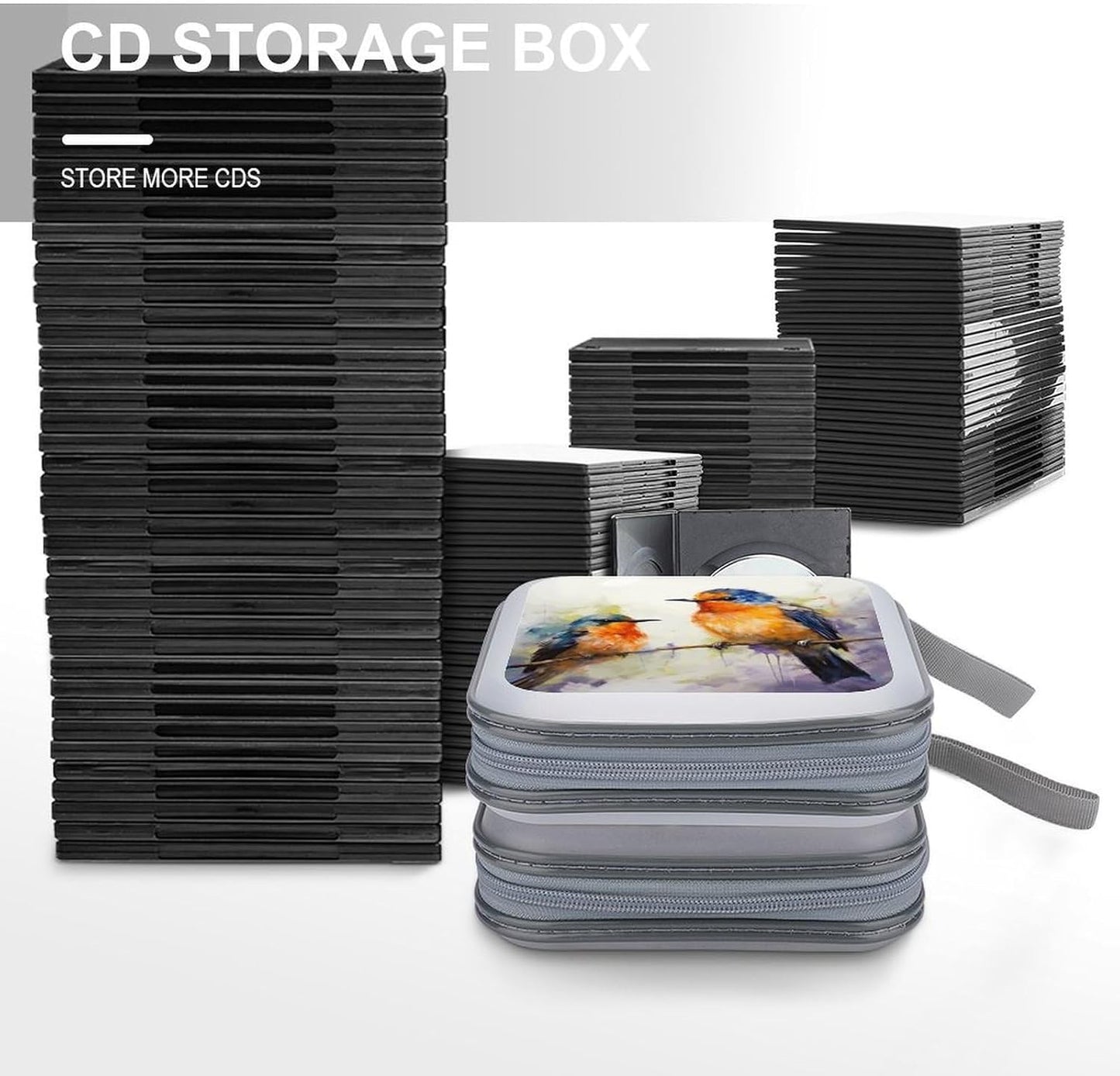 Oil Painting Bird CD Case 40 Capacity Case Zipper CD Collection Bag with Handles Cover DVD Storage Hard Plastic DVD Disc Cases Storage Binder for Car Home Office Travel