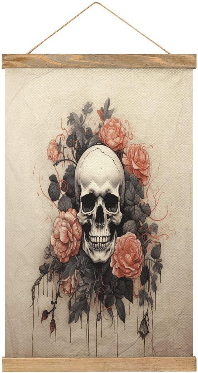 Vintage Ancient Skull And Flowers Poster with Wooden Frame Personalized Linen Hanging Scroll Painting Rustic Wall Hanging Illustrative Modern Artwork Decor for Home Living Room Bedroom Office