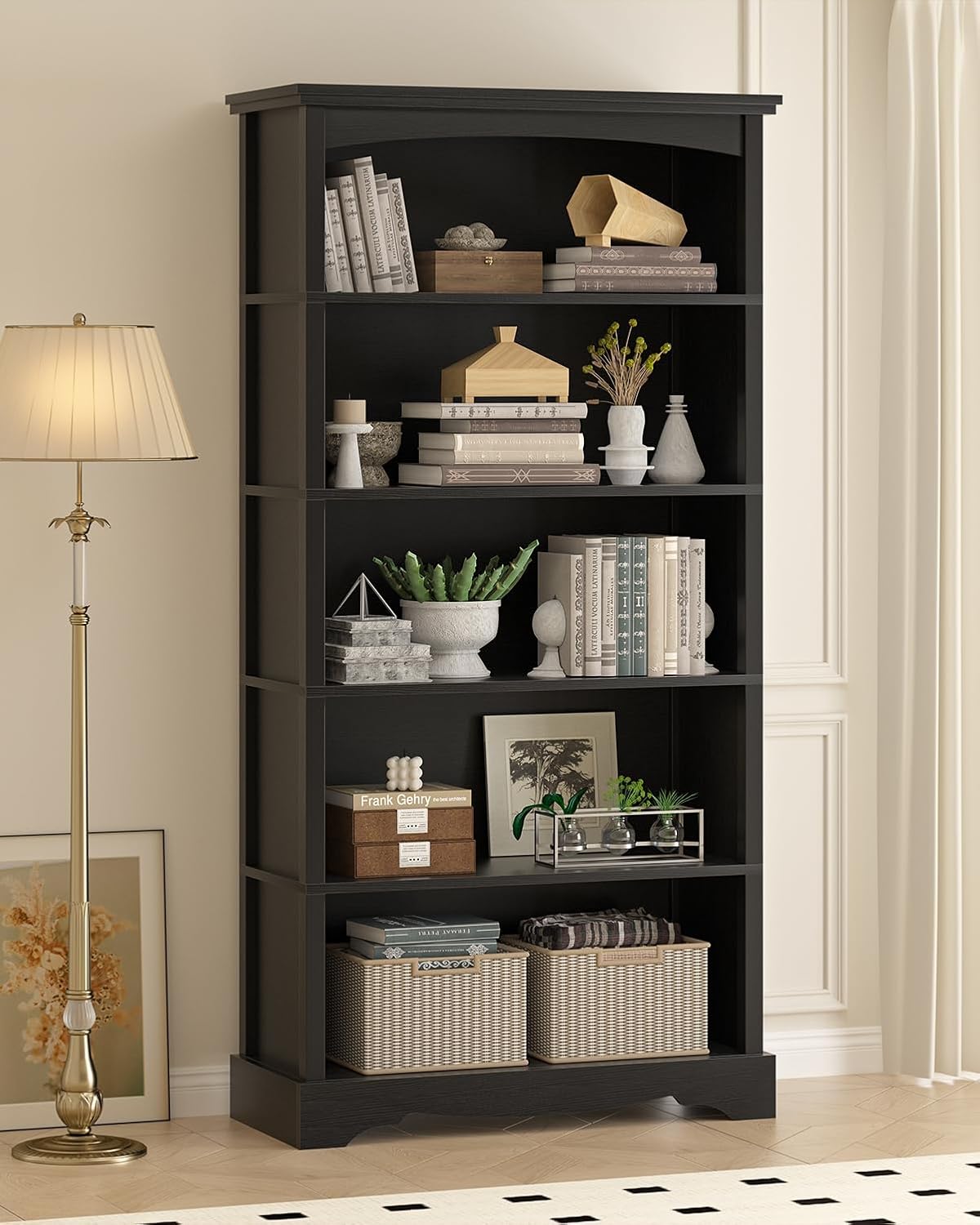 TVU 5-Tier Wooden Bookshelf, 65 Inch Tall Bookshelf with Storage, Floor Standing Modern Style Display Bookcase for Living Room, Office, Study Room, Entryway, Black