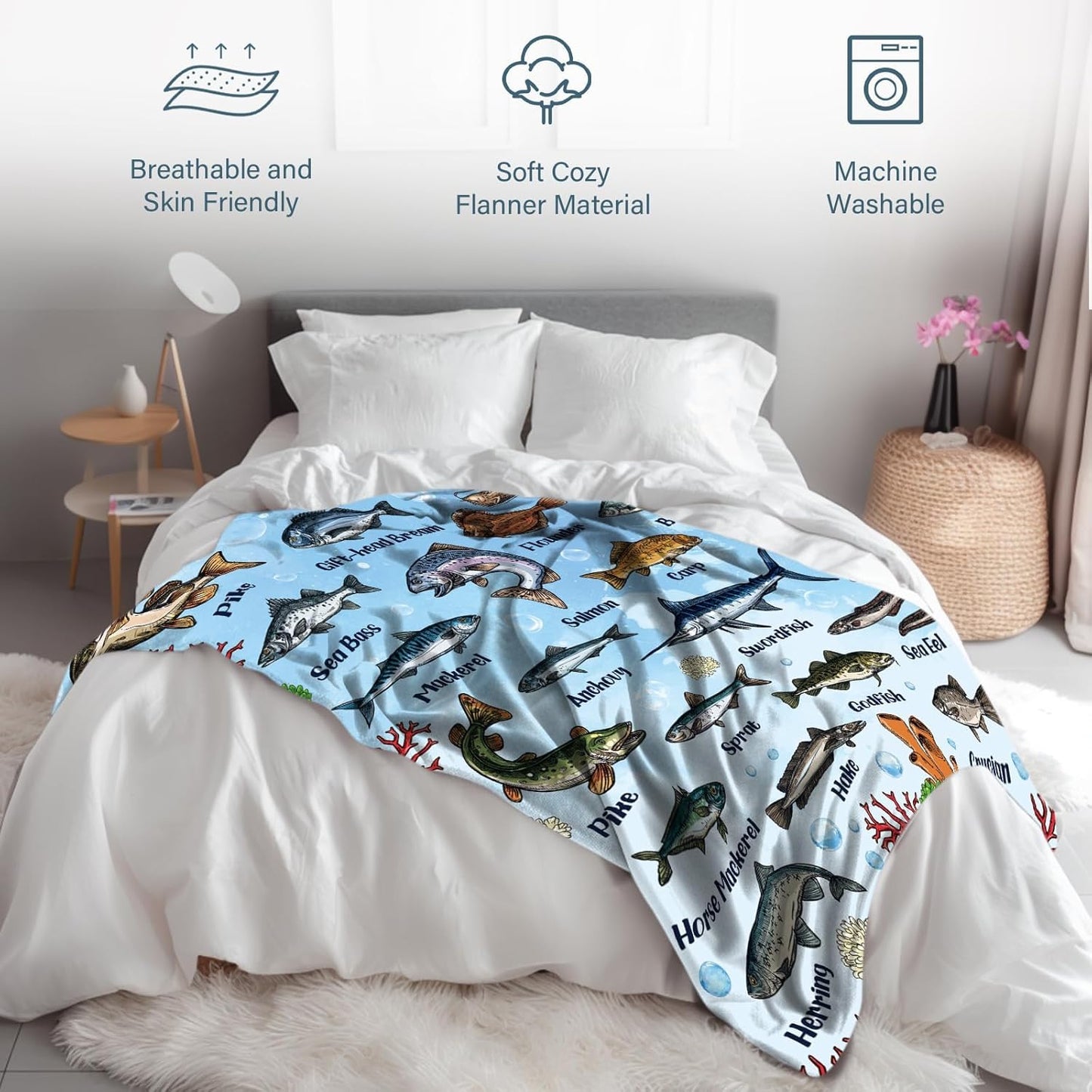 Fish Blanket Gifts for Fish Lover, Fishing Gifts for Men Boys, Fishing Decor, Soft Throw Blanket, Birthday Christmas Thanksgiving Gifts for Dad Grandpa Son Aquarium Lovers, 50" X 60"