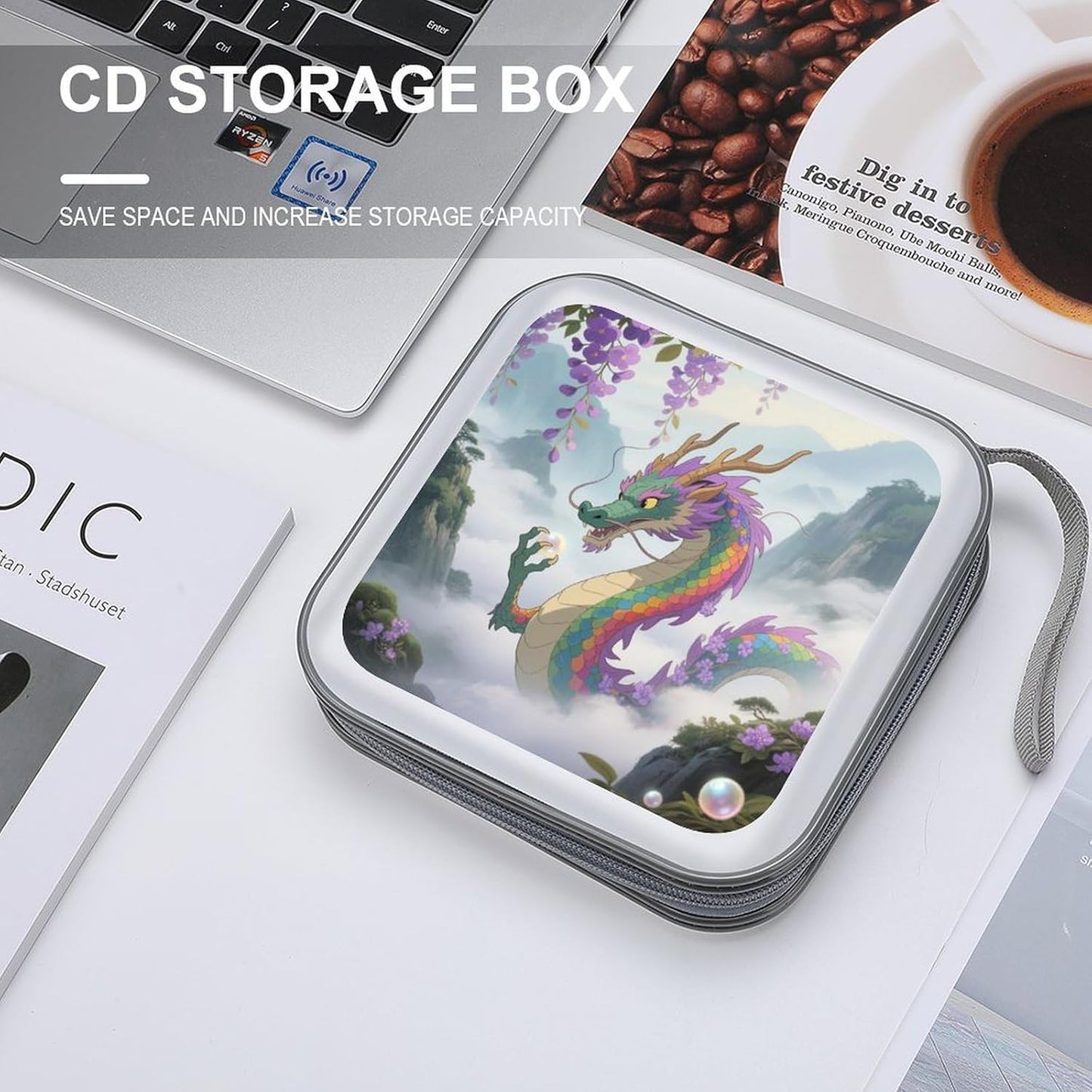 Rainbow Scaled Eastern Dragon CD Case Portable Zipper CD Case 40 Capacity Hard Plastic DVD Cases Holder Large Storage Disc Wallet Bag for Car Home Travel DVD Collection Bag