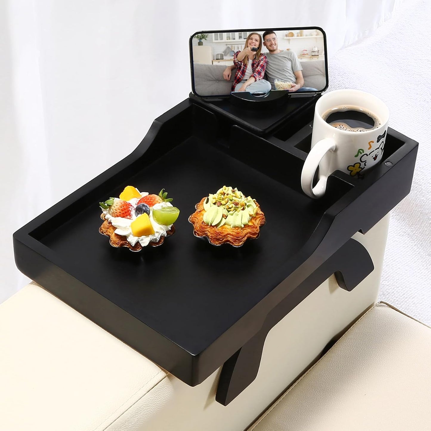Sofa Arm Tray Table, 4-in-1 Large Couch Armrest Table with Cup Holder & Rotating Phone Bracket, 15.3" x 9.8" Clip-on Couch Tray, for Snacks/Remote Control/Coffee Cup/Mobile Phone