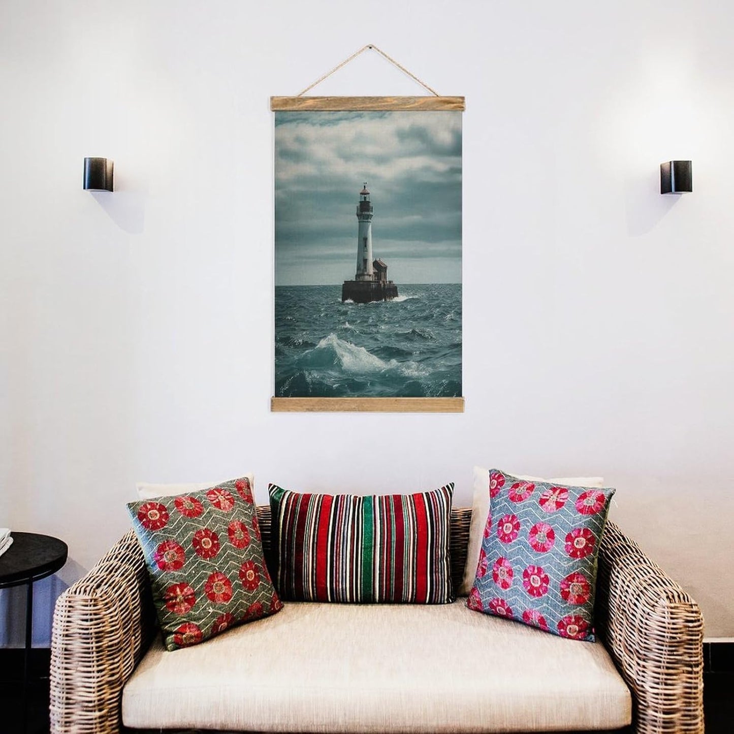 Vintage Lighthouse Ocean Poster with Wooden Frame Personalized Linen Hanging Scroll Painting Rustic Wall Hanging Illustrative Modern Artwork Decor for Home Living Room Bedroom Office