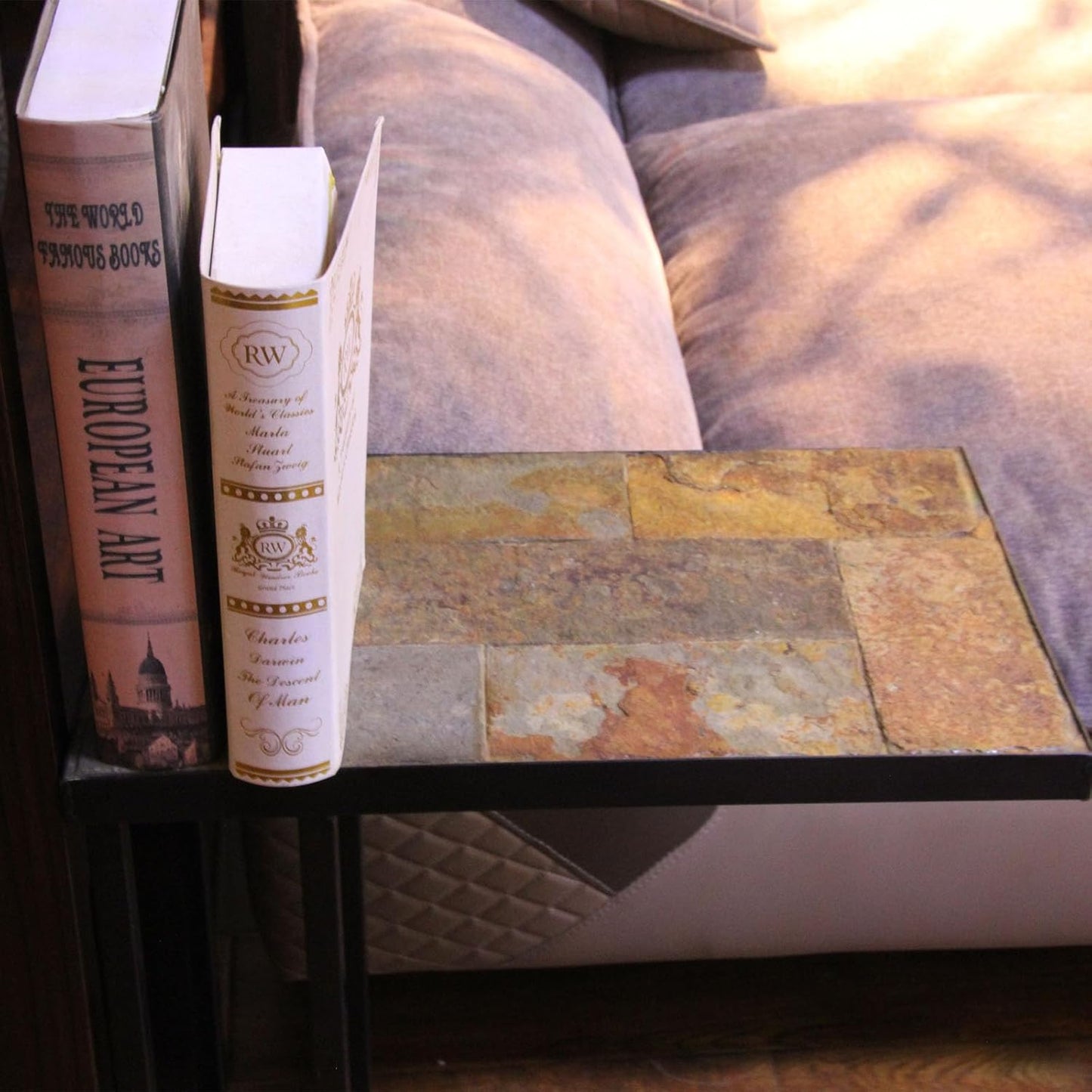 Zhongma Couch Tray Table,C-Shap End Table with Slate Table Top, Solid Real Stone, Side Table,Accent Table for Small Spaces