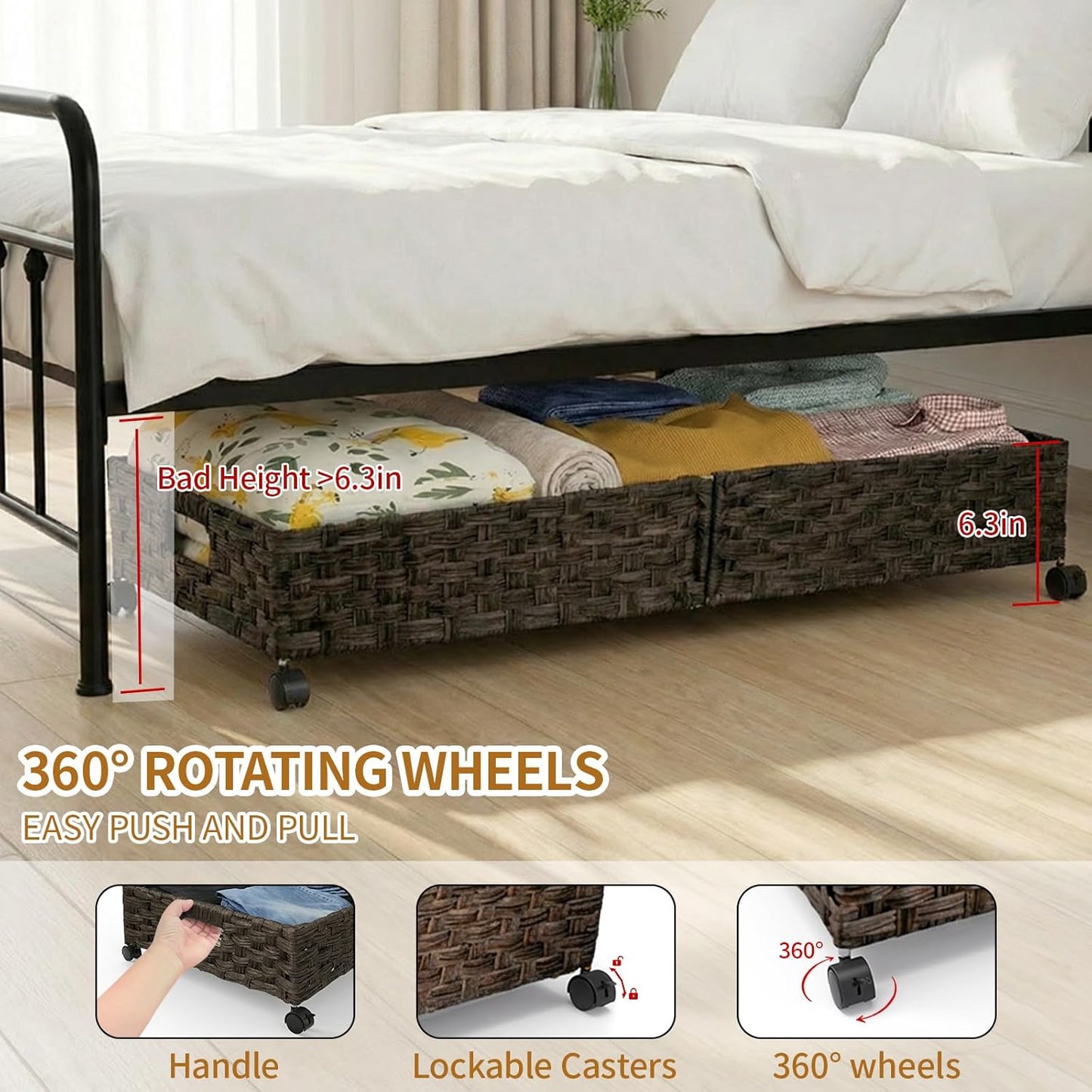 Under Bed Storage with Wheels, 40L Large Rolling Underbed Shoes Storage Boxs, Handwoven Rattan Under Bed Storage Organizer Drawers Containers for Clothes,Books,Toys,Brown(31.5 x 15.75 x 6.3 In)
