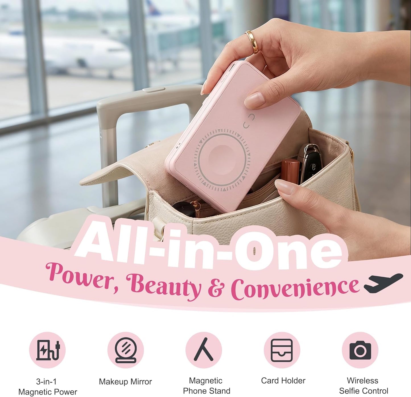 5000mAh Wireless Magnetic Power Bank, for MagSafe Portable Charger with Stand, Light Makeup Mirror, Bluetooth Selfie & USB-C Cable for iPhone17/16/15/14/13/12 Pink Travel Essential for Women