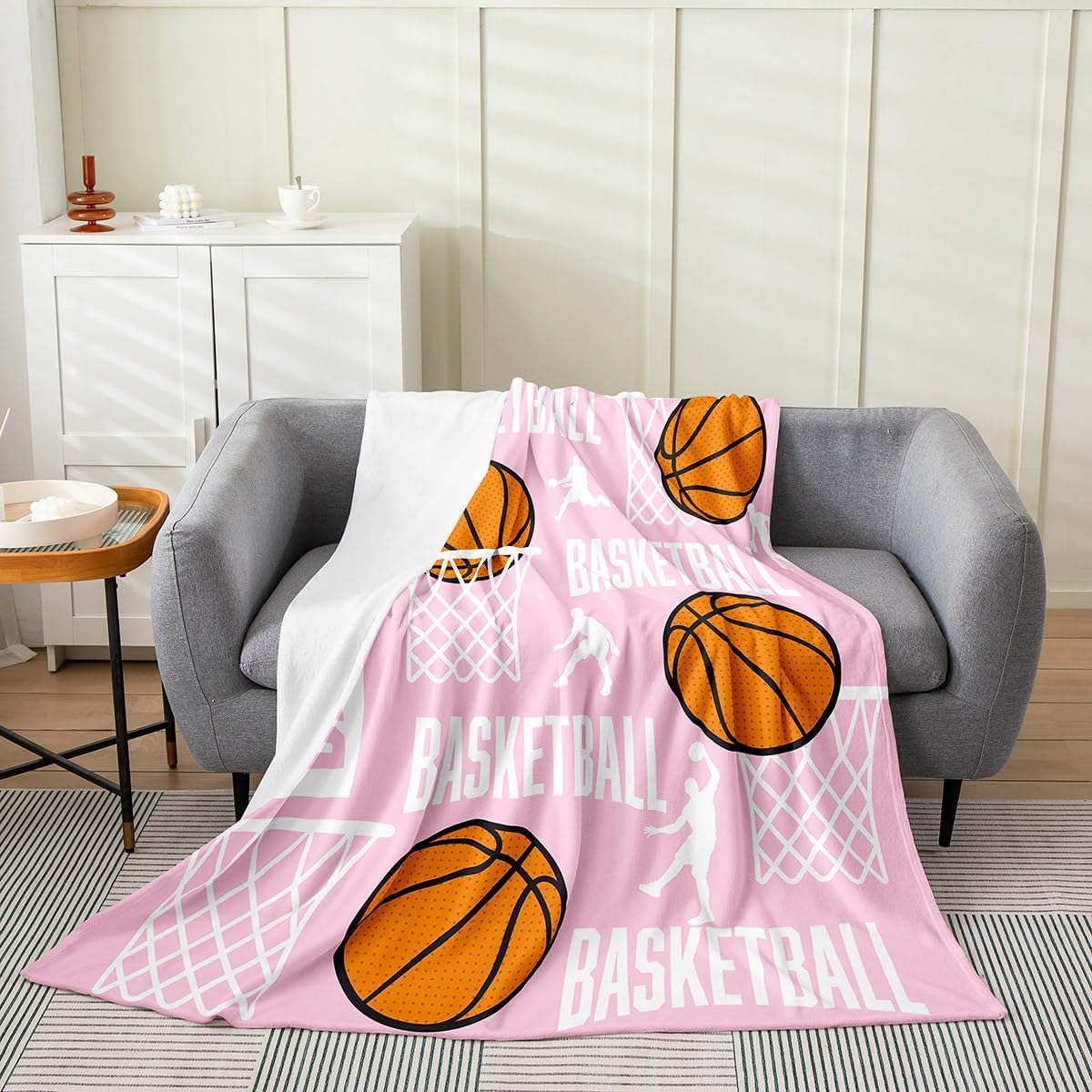 Feelyou Basketball Flannel Fleece Throw Blanket Twin 60"x80" Basketball Lover Plush Blanket for Kids Teens Adults Pink Fuzzy Blanket Sport All Season Bed Blanket