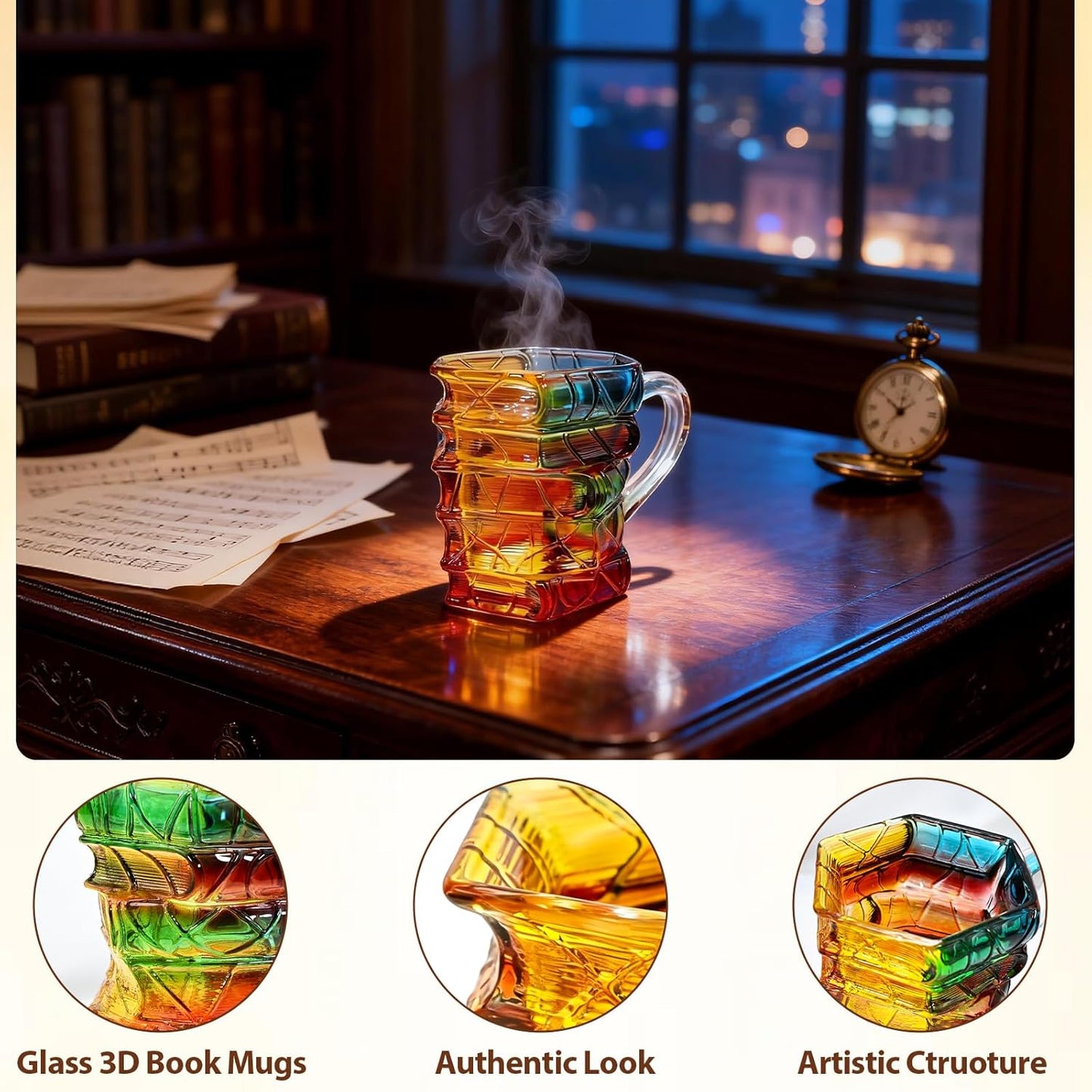 Book Coffee Mug, 3D Stained Glass Book Mug - Stacked Book Design, 7oz Handmade Novelty Mug for Book Lovers, Readers & Writers, Unique Artistic Reading Gift for Women & Friends