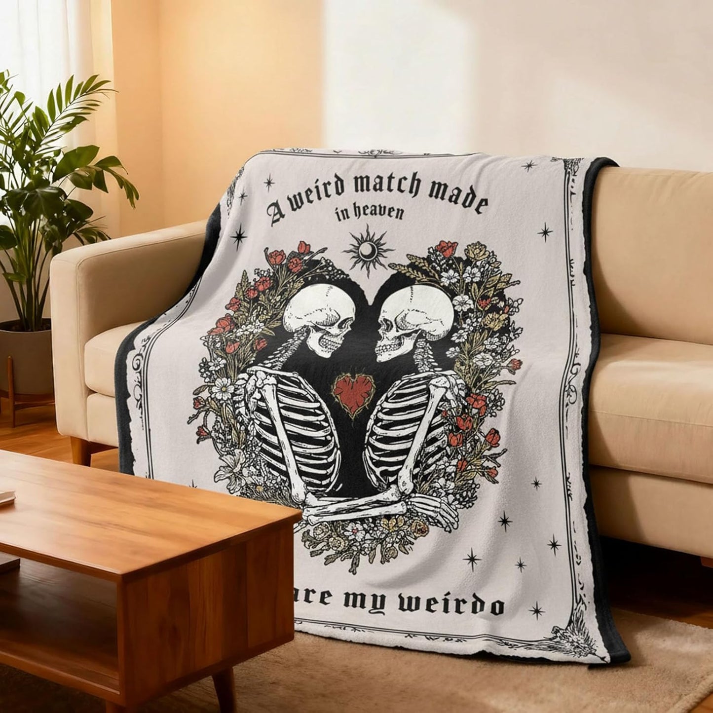 Skull Gothic Throw Blanket Soft Lightweight Cozy Flannel Skeleton Romantic Sun Star Rose Floral Blanket for Couch Bed Sofa, for Wedding Couples (50''×60'', Skeleton-2)