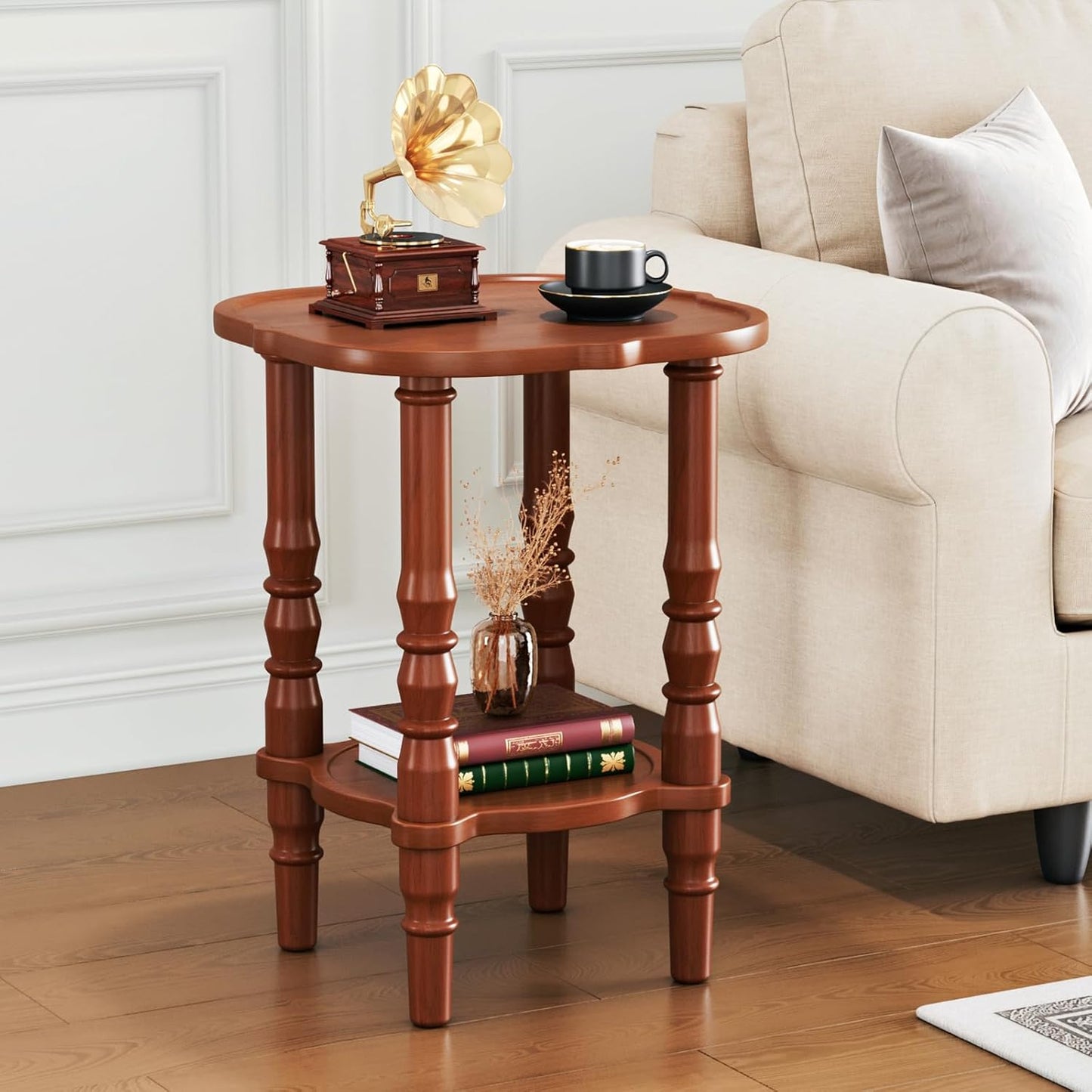 CozyDH Solid Wood End Side Table for Living Room - Small Wooden Nightstand for Bedroom, Retro Brown