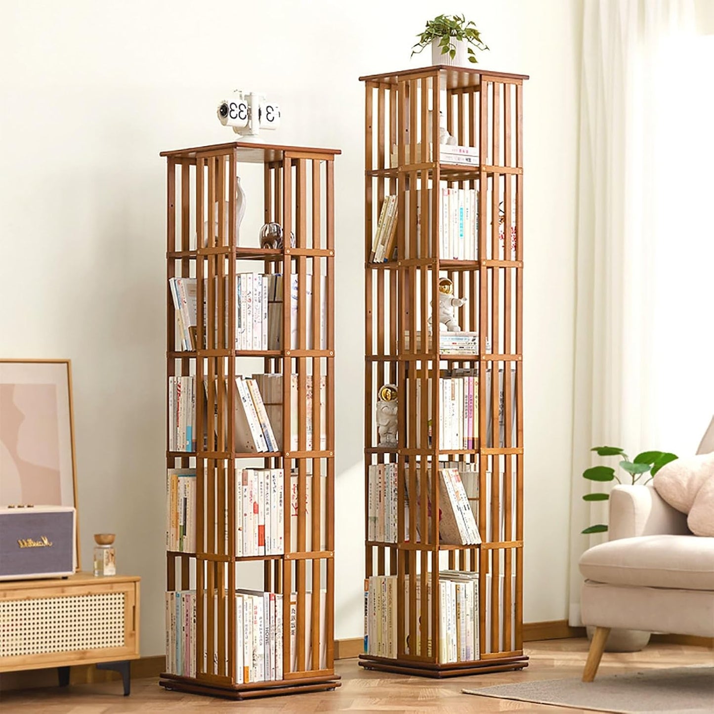 Bamboo Rotating Bookshelf Tower 360° Rotating Bookshelf For Space Saving 5/6 Tier Kids Bookshelf Small Corner Bookshelf Floor Standing Bookcase Storage Rack For Bedroom Living Room Kids Rooms(Brown,37