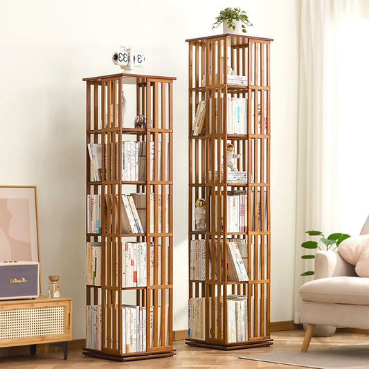 Bamboo Rotating Bookshelf Tower 360° Rotating Bookshelf For Space Saving 5/6 Tier Kids Bookshelf Small Corner Bookshelf Floor Standing Bookcase Storage Rack For Bedroom Living Room Kids Rooms(Brown,37