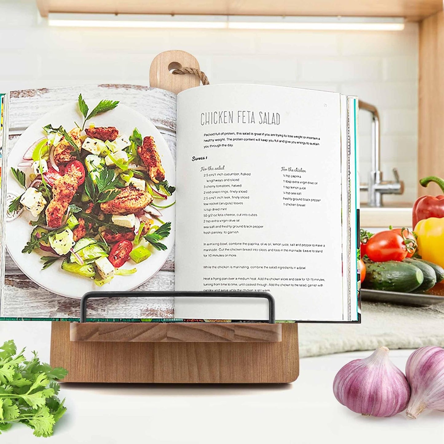 Cookbook Stand Recipe Book Holder: Cookbook Stand for Kitchen Counter, Adjustable iPad Tablet Recipe Book Holder, Rustic Wood Cutting Board Style, Gift for Women