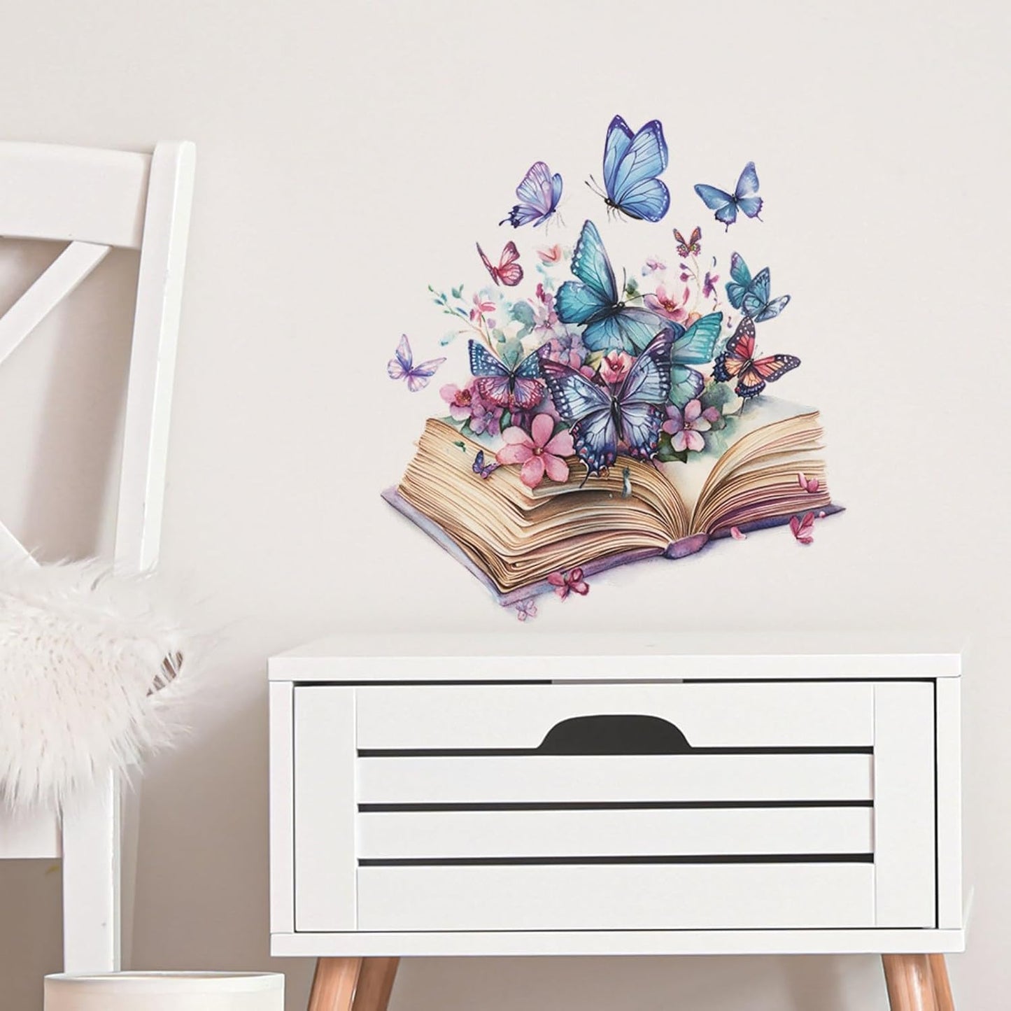Magic Book Wall Decals Colorful Flower Butterfly Wall Stickers, Purple Butterflies Decoration for Girls & Boys Bedroom Removable Vinyl Peel and Stick for Living Room, Bathroom, Library