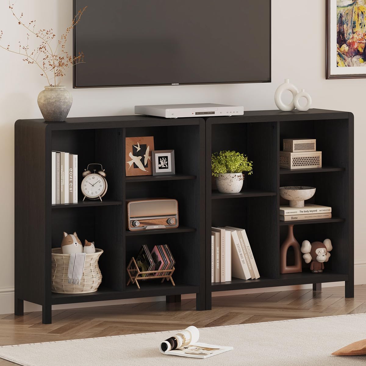 FATORRI 5 Cube Bookshelf, Wood Bookcase with 3 Adjustable Shelves, Farmhouse Cube Storage Organizer Shelf for Small Space Bedroom Living Room (Black)