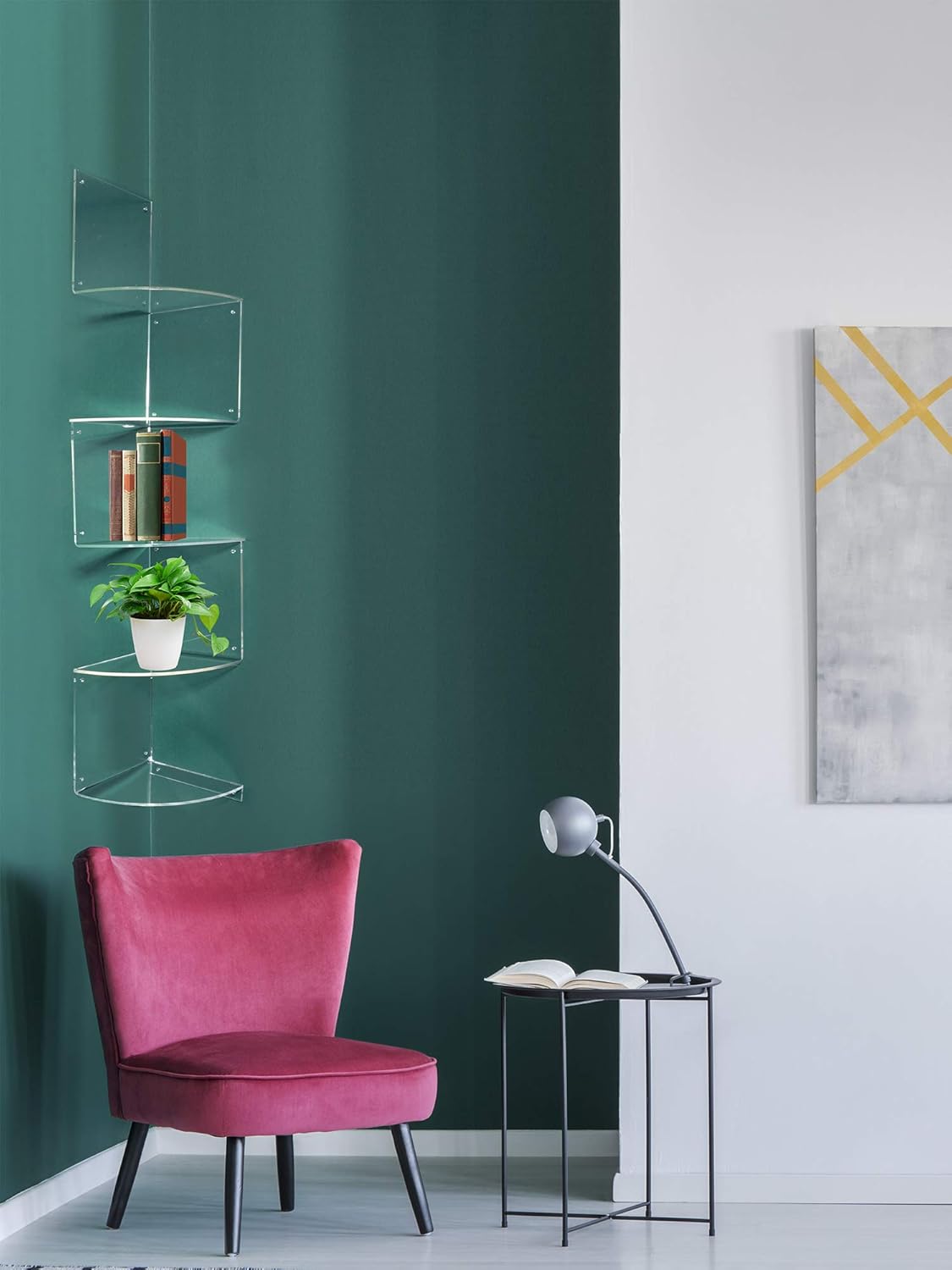 5 Tier Corner Shelf Wall Mount Floating Acrylic Corner Shelves Easy to Assemble Corner Bookshelf, Plant Shelf Wall Organizer Storage for Bedroom, Bathroom, Kitchen, Office, Home, Living Room(Clear)