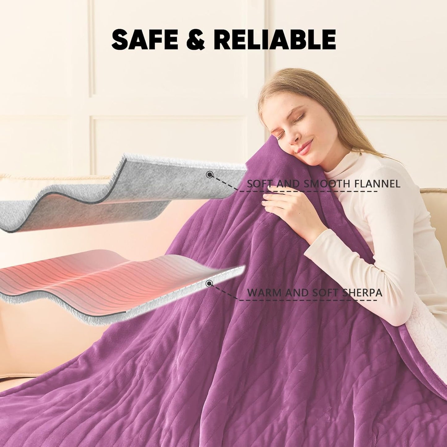 greenoak Heated Blanket Electric Twin 62"X84", Heating Blanket with 10 Heat Levels 1/2/4/6/8 Hours Auto-Off, Soft Flannel Sherpa Warm Heater Christmas Blanket,Taro Purple