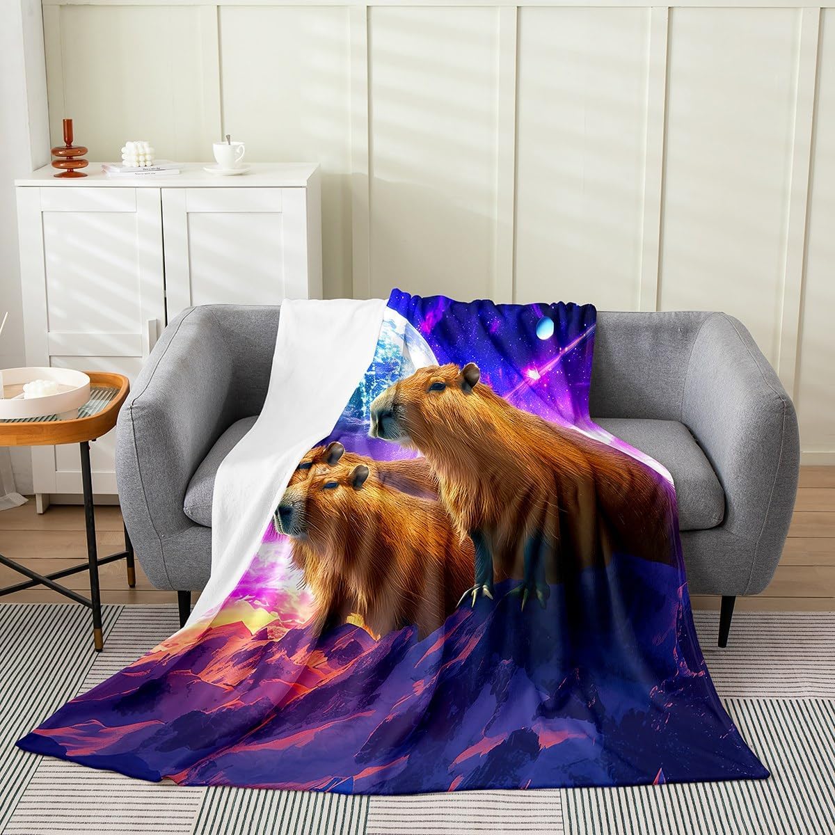 Capybaras Blanket for Kids Teens Travel Sofa Bed, Funny Rodent Animals Fleece Blanket, Cute Pet Capybaras Throw Blanket for Boys Girls, Galaxy Starry Moon Fuzzy Blanket Home Dorm Decor, Queen Size