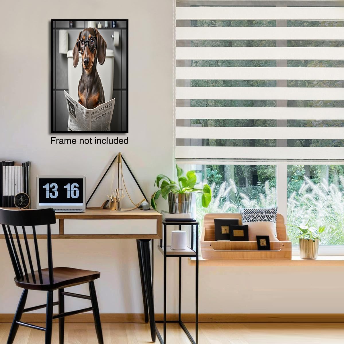 Humorous Animal Canvas Wall Art, Dachshund Sitting On The Toilet Reading The Newspaper Poster Print For Bathroom Living Room Decor 24 X 36 Inch Unframed
