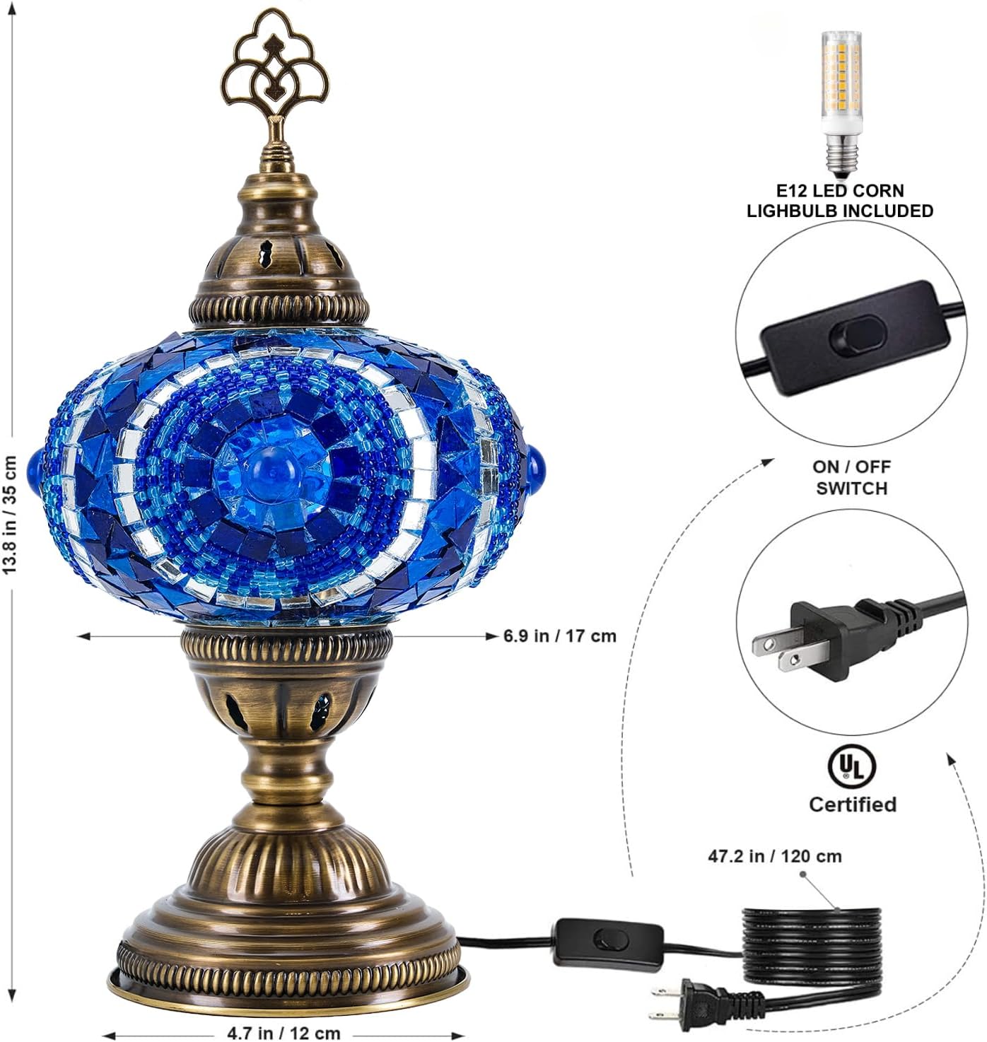 Mozaist Turkish Lamp, Mosaic Table Lamp, Antique Moroccan Decorative Glass Bohemian Vintage Lamp Shade, Small Desk Tiffany Bedside Stained Glass Lamp with US Plug and E12 Socket