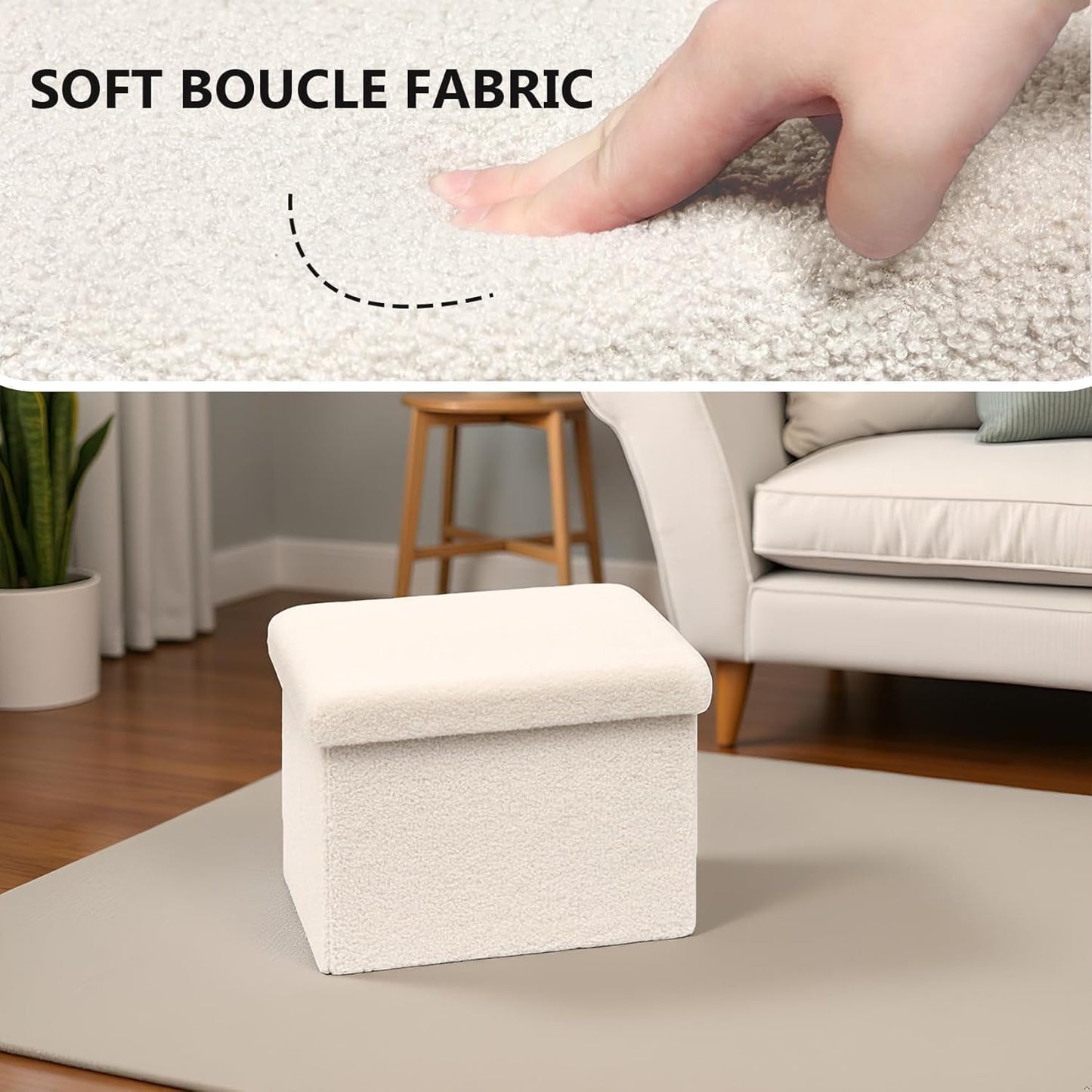 16.5in Small Storage Ottoman Foldable Sherpa Top Storage Bench,Foot Rest/Step Stool for Bedroom Dorm Entryway, Space Saving for Small Spaces- White