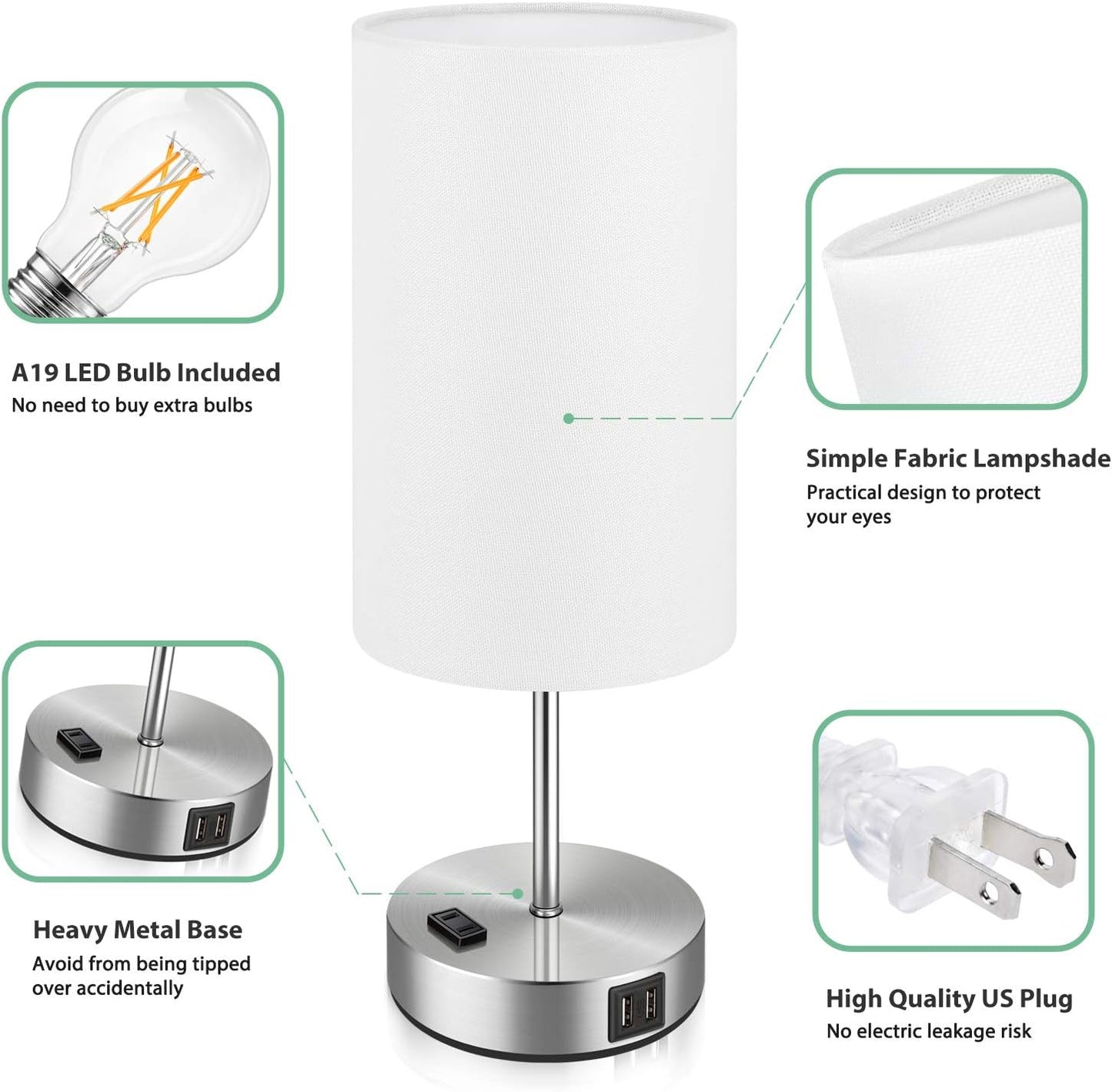 Set of 2 Touch Control Table Lamps with 2 USB Charging Ports&AC Outlet, 3-Way Dimmable Bedside Nightstand Lamps with White Fabric Lampshade for Reading, Bedroom, Living Room, A19 LED Bulbs Included