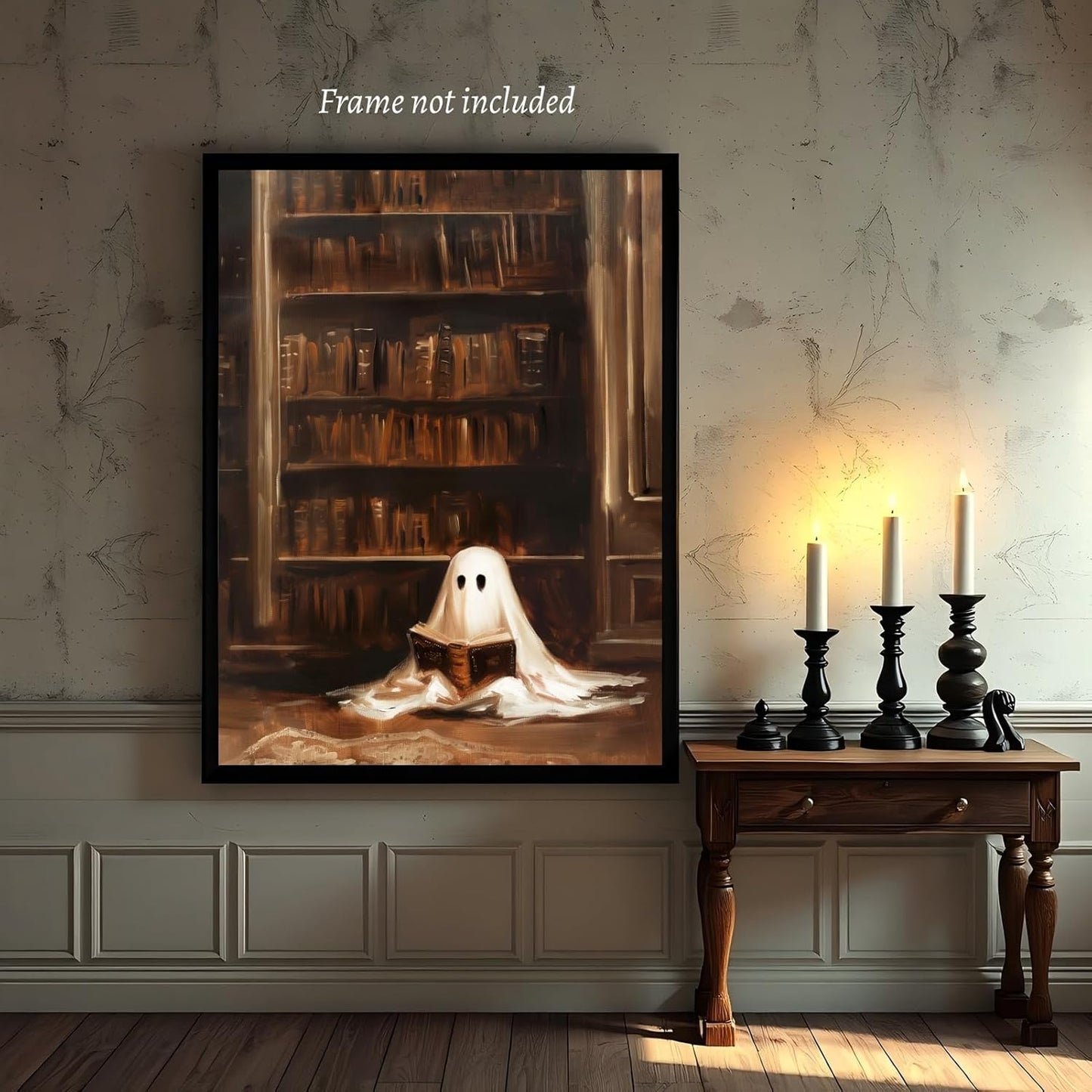 HUYKON Vintage Library Ghost Reading Poster Retro Spooky Bookish Halloween Wall Art Dark Academia Gothic Canvas Oil Painting Wall Decor Aesthetic for Bedroom Living Room Office 8x12inch Unframed